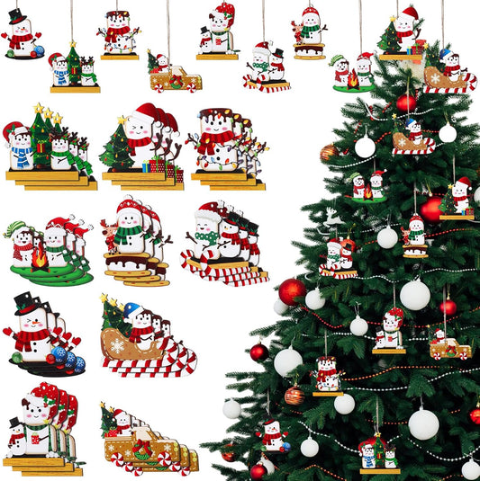 30 Pcs Cute Snowman Christmas Ornaments Wooden S'Mores Marshmallows Hanging Ornaments Snowman Candy Cane Sled Xmas Tree Ornaments for Kids Christmas Home Party Decor Mini Gift Tags