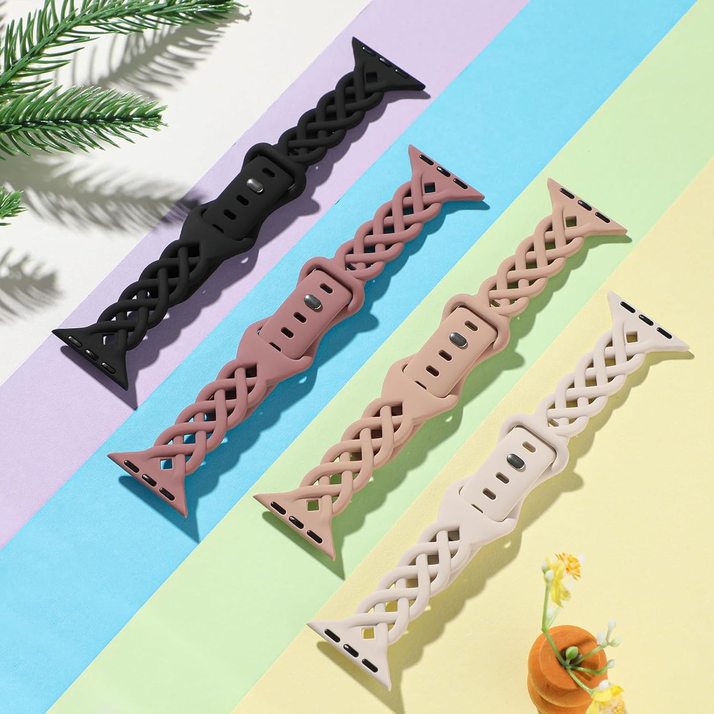 Slim Silicone Bands Compatible with Apple Watch Band 40Mm 38Mm 41Mm 44Mm 45Mm 42Mm Women Floral Breathable Braided Lace Thin Sport Strap Replacement Wristbands for Iwatch SE Series 9 8 7 6 5 4 3 2 1 (Black/Milk Tea/Starlight/Violet Smoke, 38Mm/40Mm/41Mm)