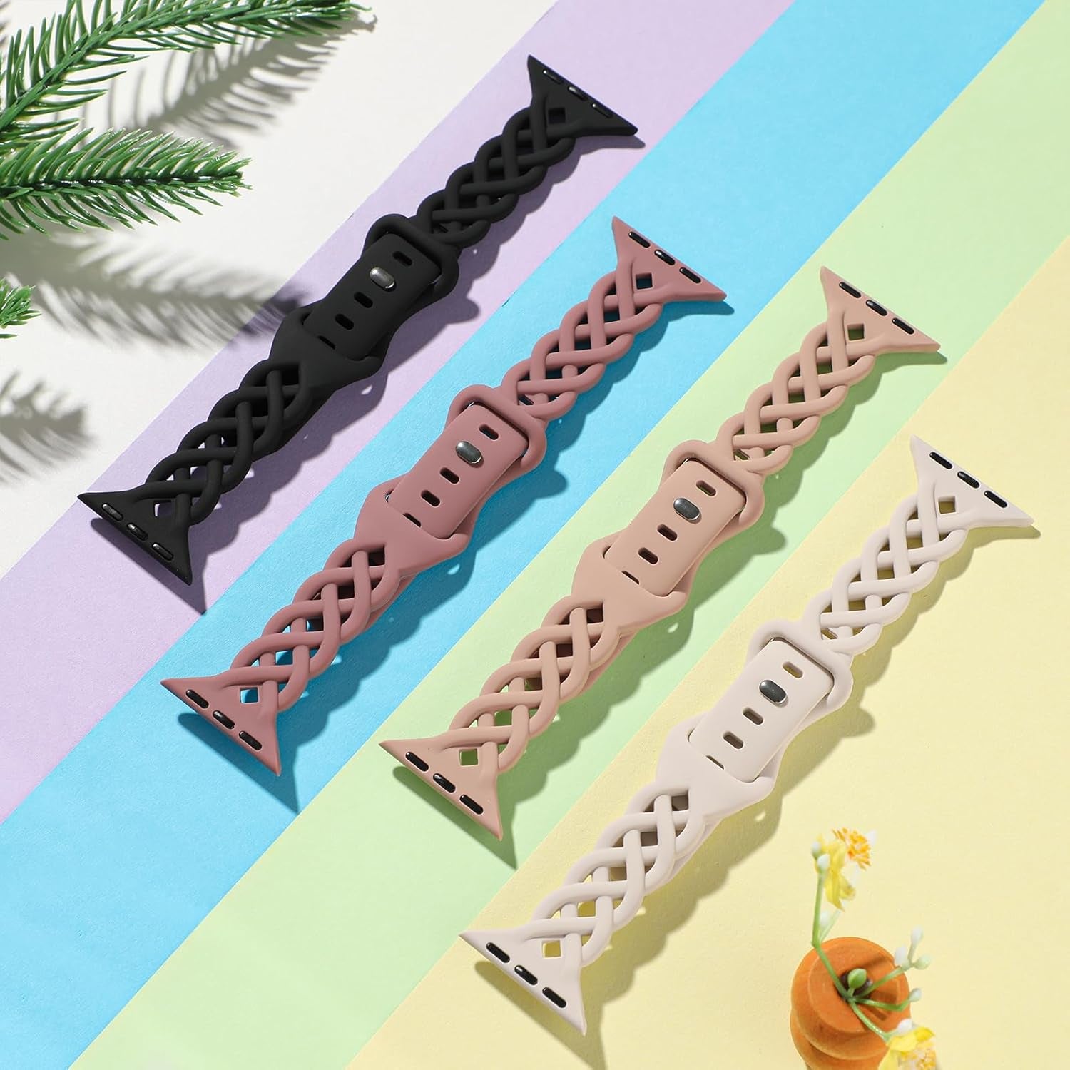 Slim Silicone Bands Compatible with Apple Watch Band 40Mm 38Mm 41Mm 44Mm 45Mm 42Mm Women Floral Breathable Braided Lace Thin Sport Strap Replacement Wristbands for Iwatch SE Series 9 8 7 6 5 4 3 2 1 (Black/Milk Tea/Starlight/Violet Smoke, 38Mm/40Mm/41Mm)