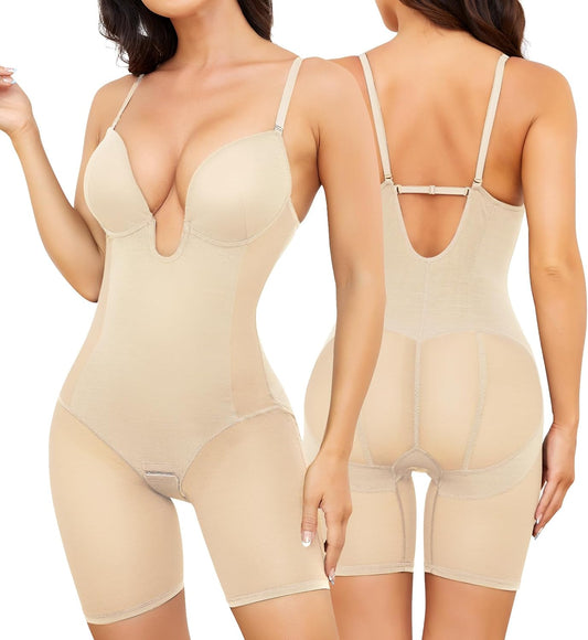 Body Shaper for Women Tummy Control U Plunge Backless Full Body Shapewear Mid Thigh Mesh Strapless Bodysuit Top