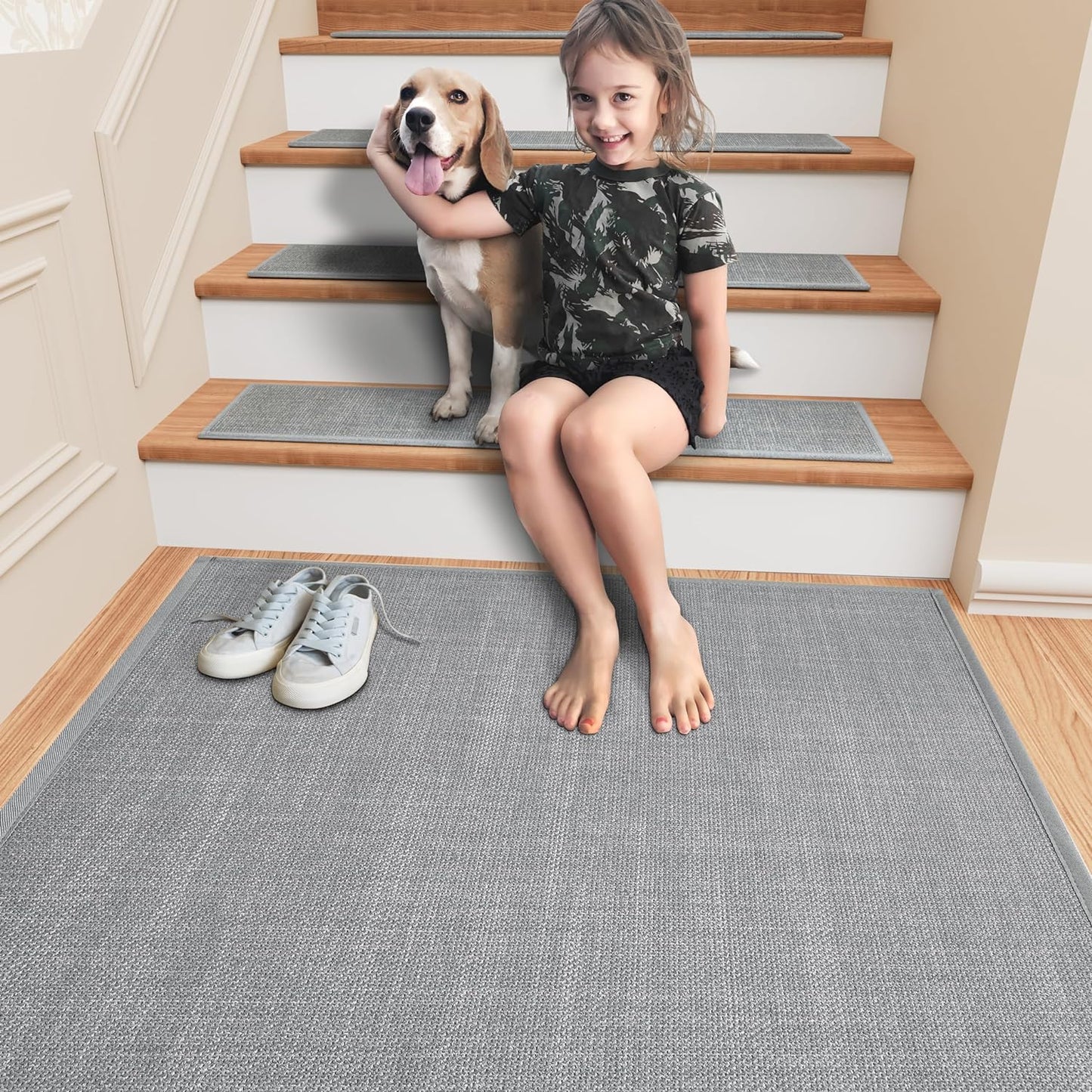 Stair Treads Carpet for Wooden Steps, Non Slip Landing Mat Rug Whit Rubber Backing, Polyester Soft Stairs Resistant Indoor Skid Runner Safety Rugs for Family, Absorbent Washable 31" X 31" Gray