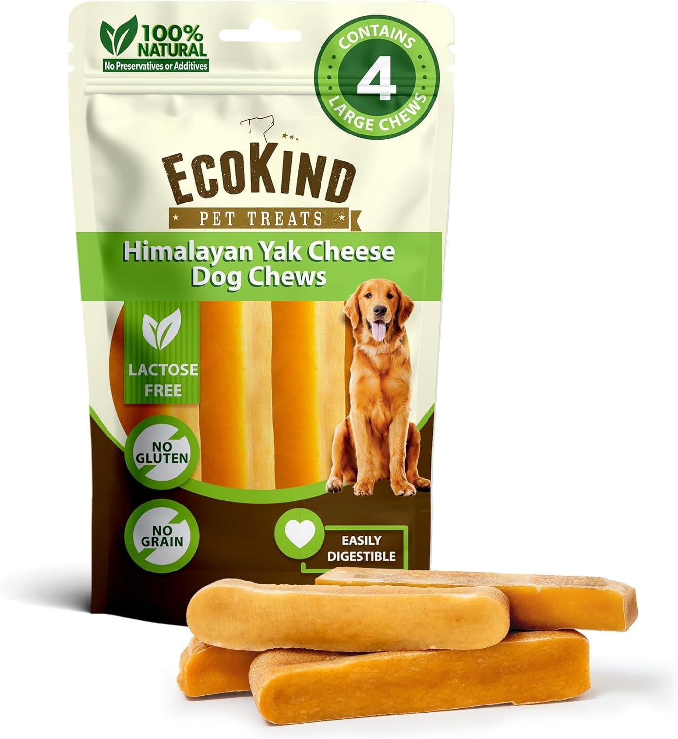 Ecokind Premium Gold Yak Cheese Himalayan Dog Chews, Dog Treats Large Breed, All Natural, High Protein, for Aggressive Chewers, Large - 4 Chews (1 Lb) TRUCK DRIVER