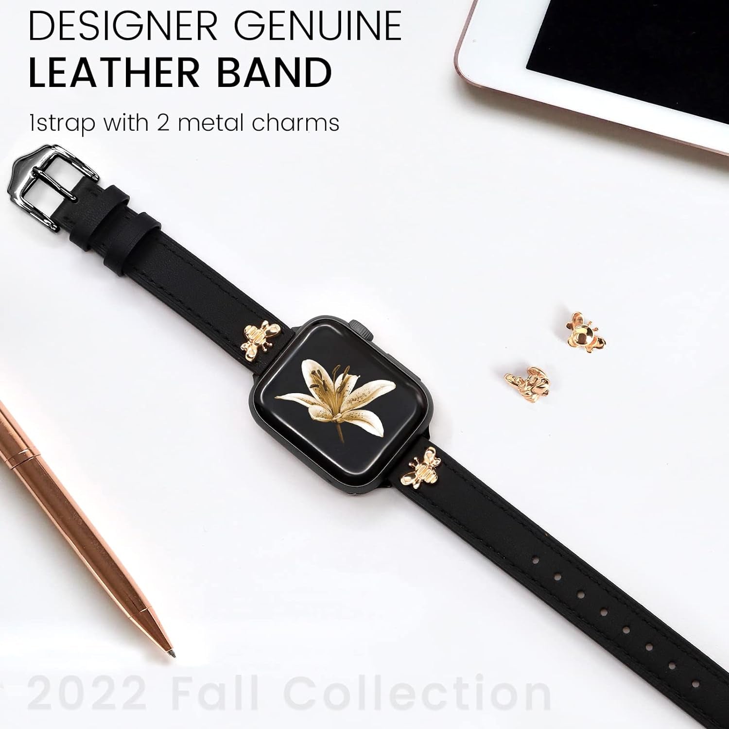 Slim Leather-Bands Compatible with Apple Watch Band 38Mm 40Mm 41Mm 42Mm 44Mm 45Mm 49Mm, Top Genuine Leather Band with Charms, Feminine Design for Iwatch Ultra SE & Series 9 8 7 6 5 4 3 2 1