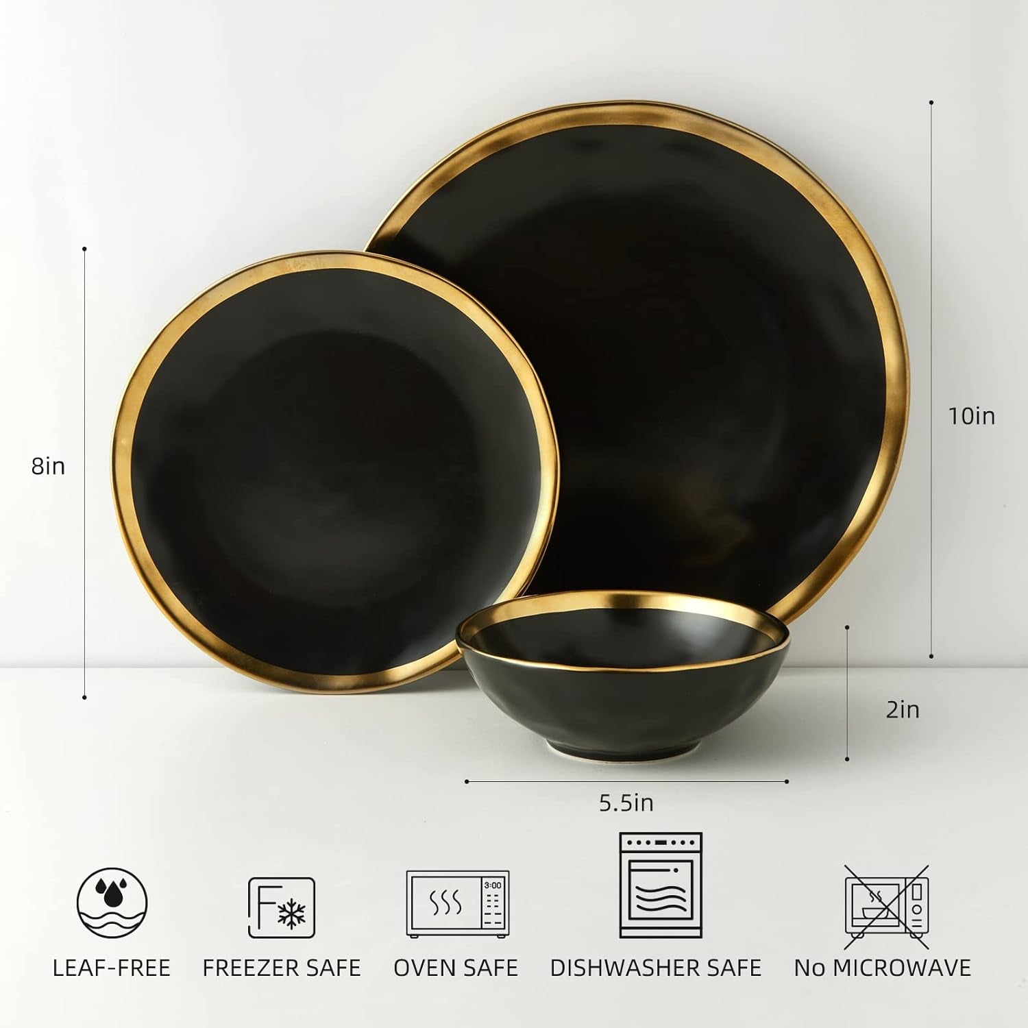 Matte Black Plates and Bowls Sets, 12 Piece Dinnerware Sets Service for 4, Dishes, round Dinner Plates, Bowls, Golden Rim Dish Set for Home Decor