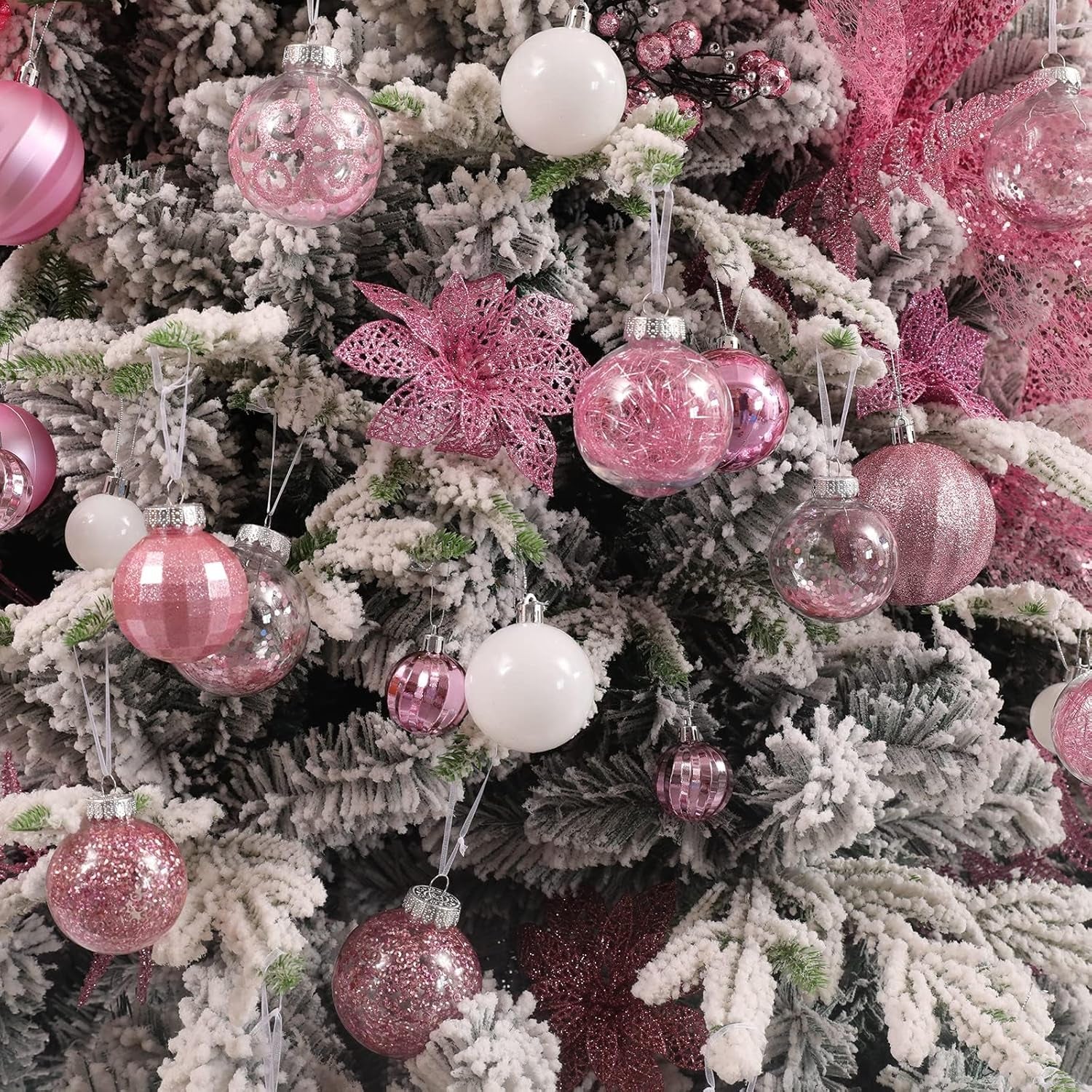Christmas Ball Ornaments Shatterproof Clear Large Plastic Hanging Ball Decorative Baubles Set with Stuffed Delicate Decorations (Multi-Size, Pink)