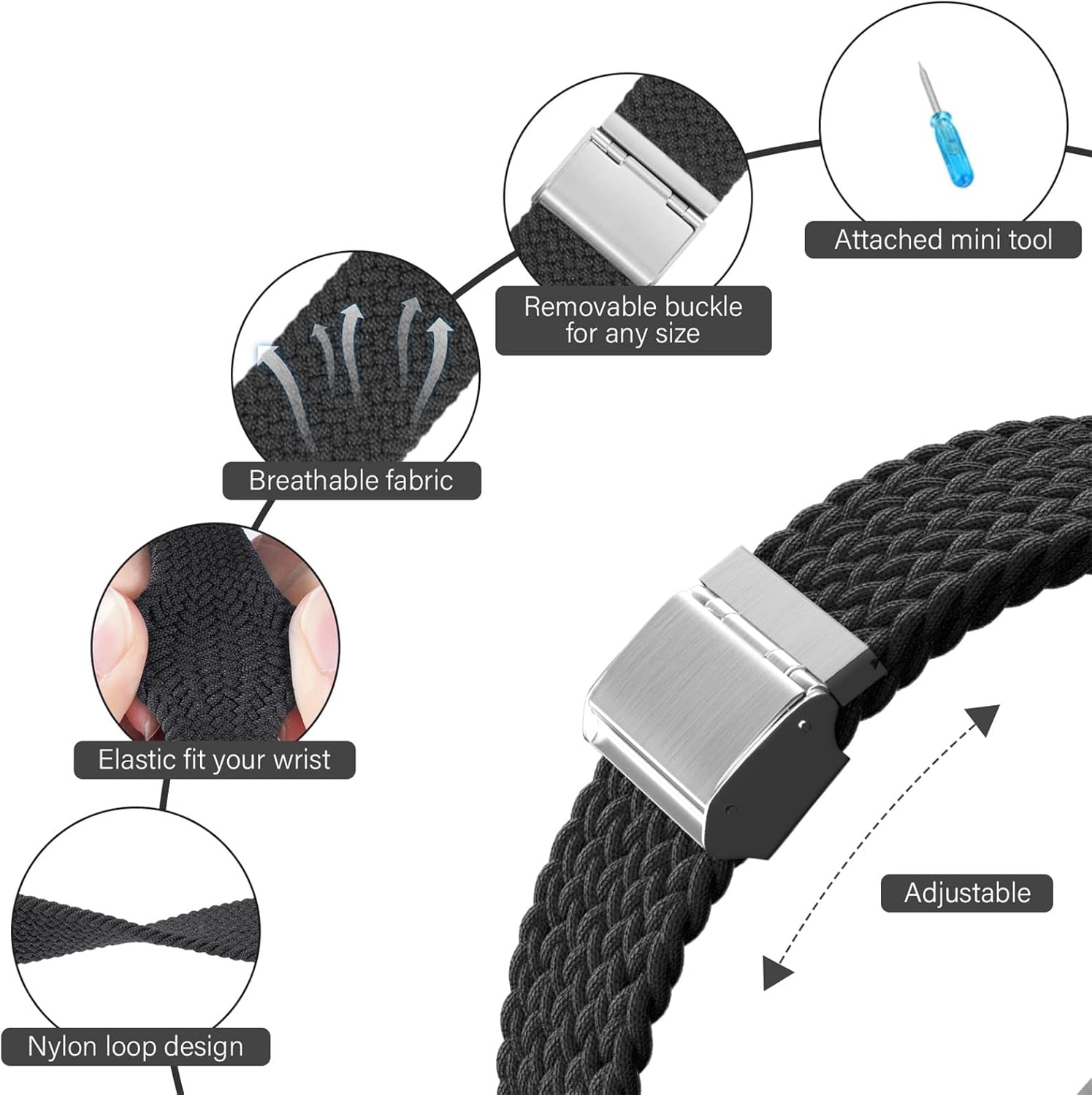 20Mm Stretchy Loop for Samsung Galaxy Watch 5/4 Band 44Mm 40Mm/Classic 46Mm 42Mm/Active 2,Nylon Braided Loop Strap Wristband Women Men,For Samsung Watch 5 Pro 45Mm/Galaxy Watch 3 Bands 41Mm