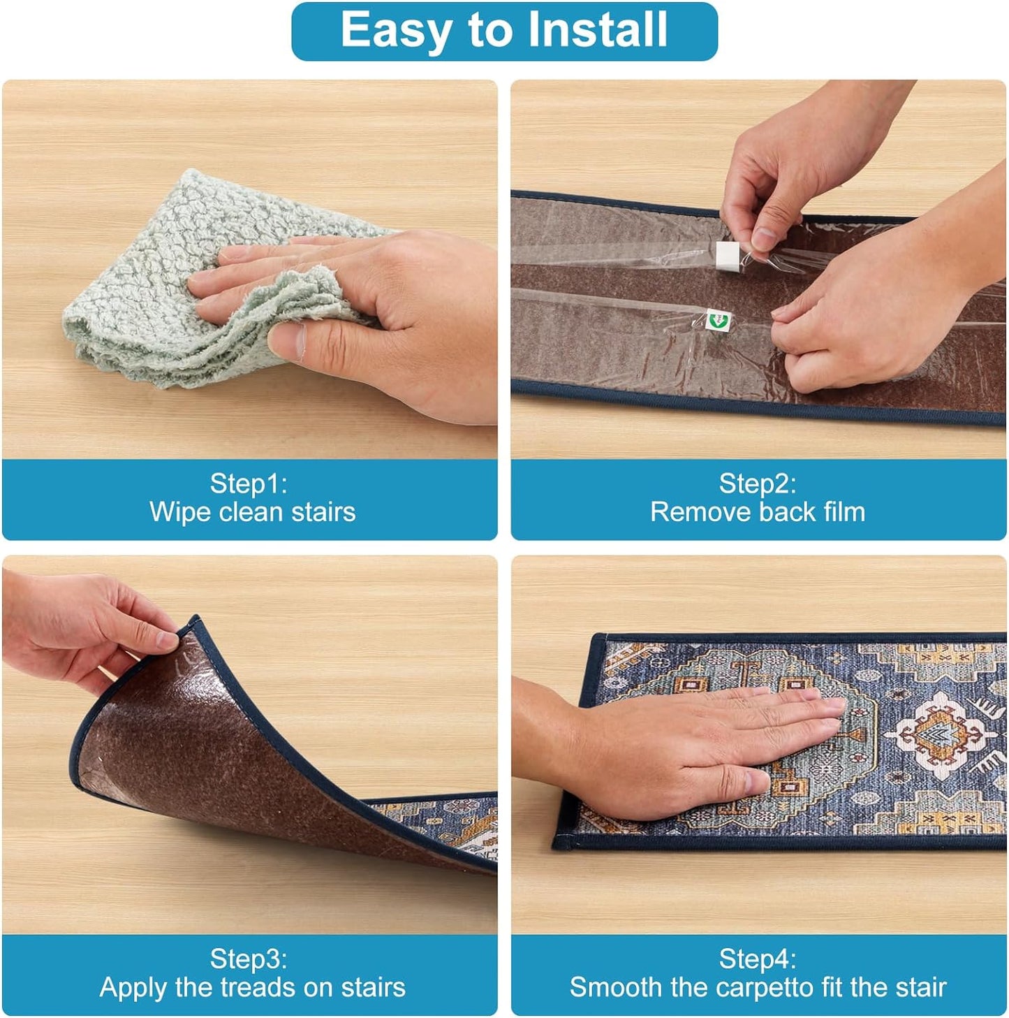 Peel and Stick Non-Slip Carpet Stair Treads for Wooden Steps Set of 15 Pack 8" X 30" Indoor Reusable Staircase Stair Runners Rugs, Soft Safety for Dogs, Kids & Elders, Stairway Grip, Blue