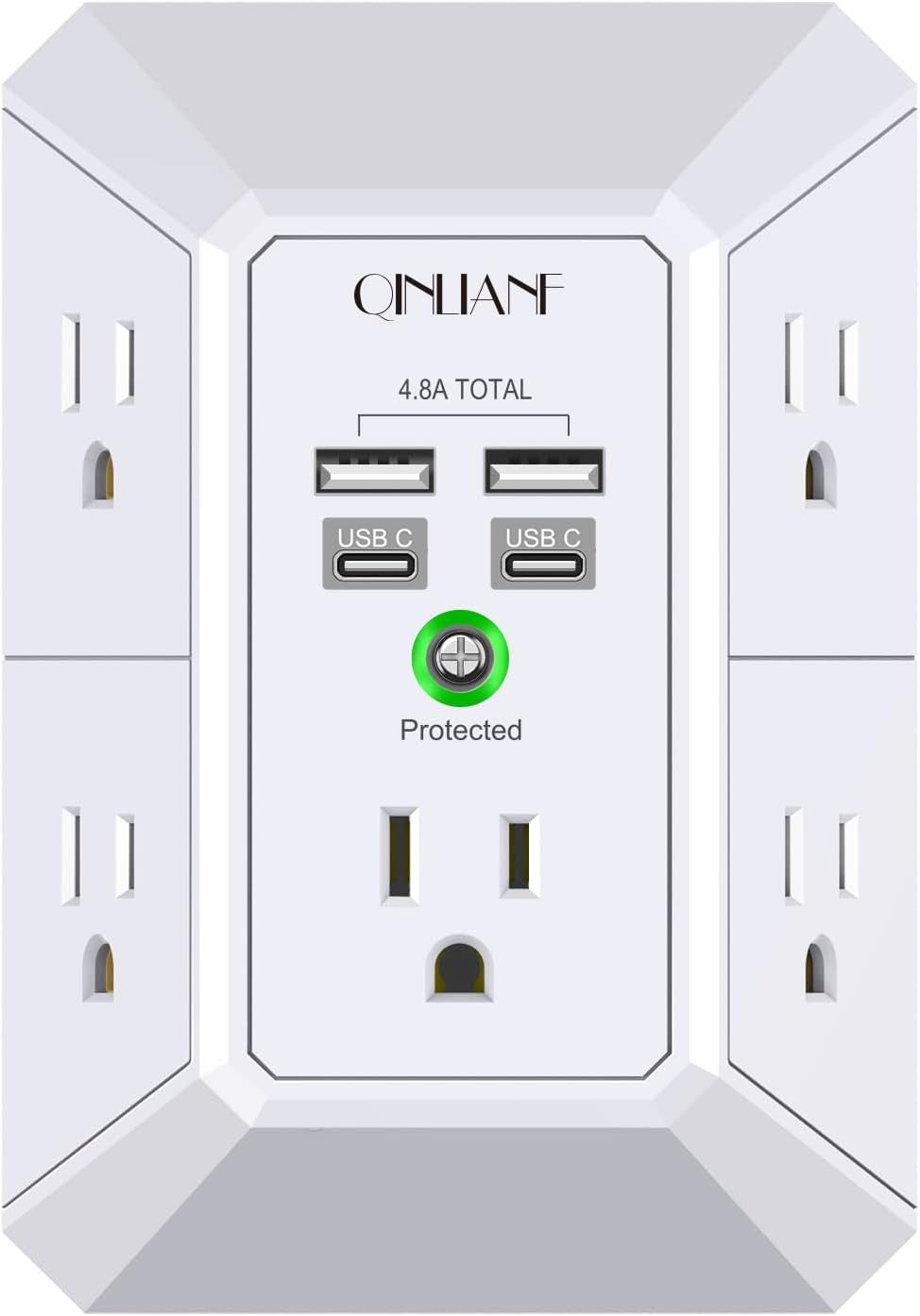 Wall Charger, Surge Protector,  5 Outlet Extender with 4 USB Charging Ports (4.8A Total) 3-Sided 1680J Power Strip Multi Plug Adapter Spaced for Home Travel Office (3U1C)