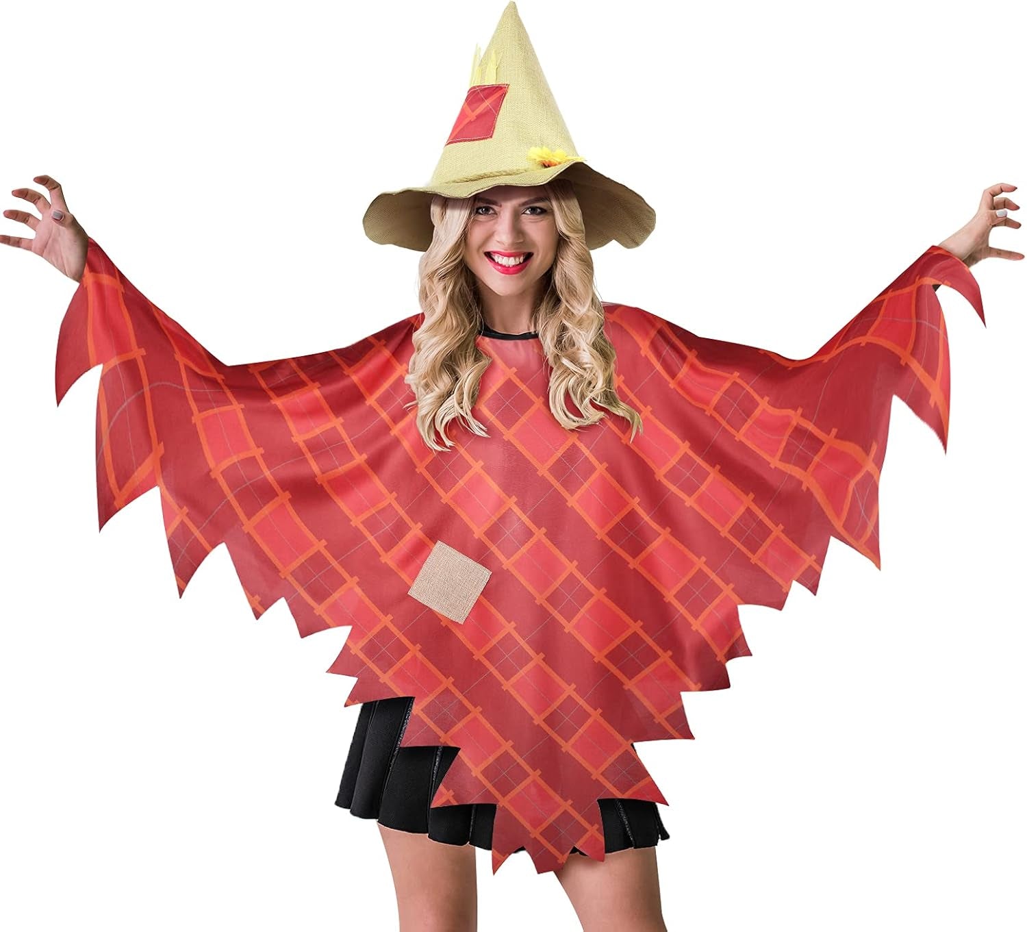Halloween Scarecrow Costume for Women Adult Scarecrow Poncho Scarecrow Hat Plaid Halloween Costumes for Halloween Decorations Role Playing Party Accessory
