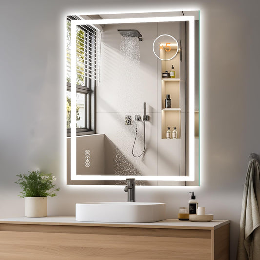LED Bathroom Mirror 24 X 32 Inch Anti-Fog Bathroom Mirror with Led Illuminated Mirror, Wall Mounted Lighted Vanity Mirrors for Wall with 3 Colors Dimmable, Touch Switch Smart Mirror