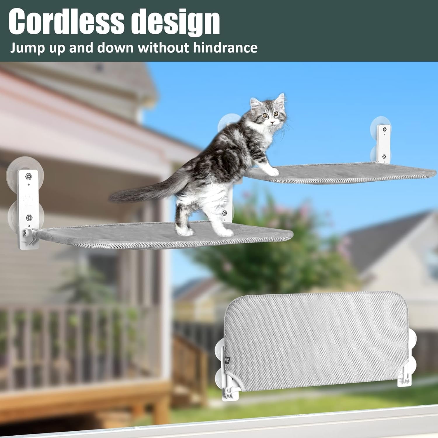 Cat Window Hammock Perch Cordless Perches Window Sill Seat Bed Foldable Stable Lounger Upgraded Suction Cup Easy Assembly Indoor Cats Kitty Shelf Hold up to 55Lbs (Grey, M)