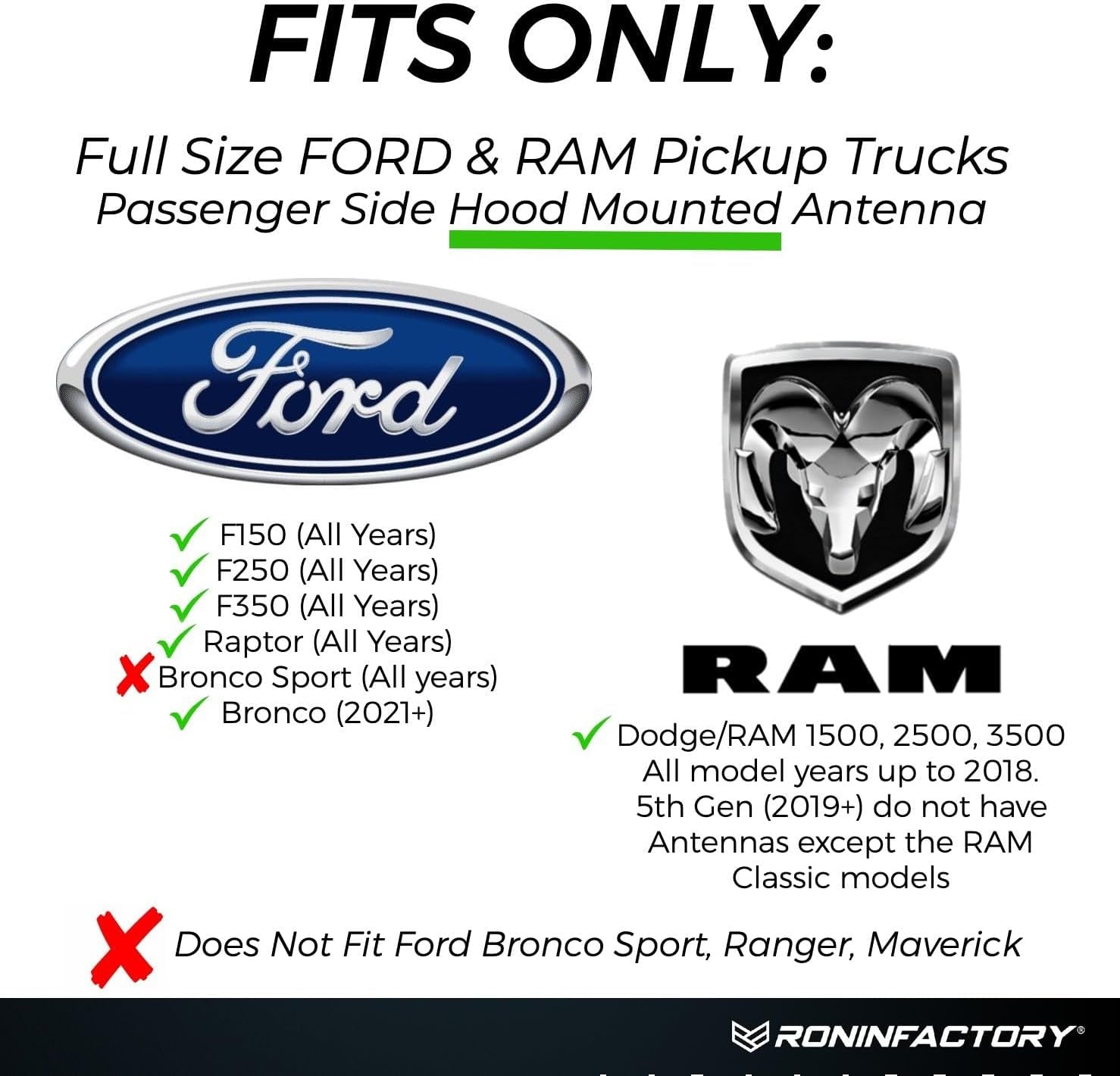 50 Cal Bullet Antenna - Ford F150 F250 F350 Super Duty Raptor Bronco Truck Accessory - RAM 1500 Short Antenna Replacement TRUCK DRIVER