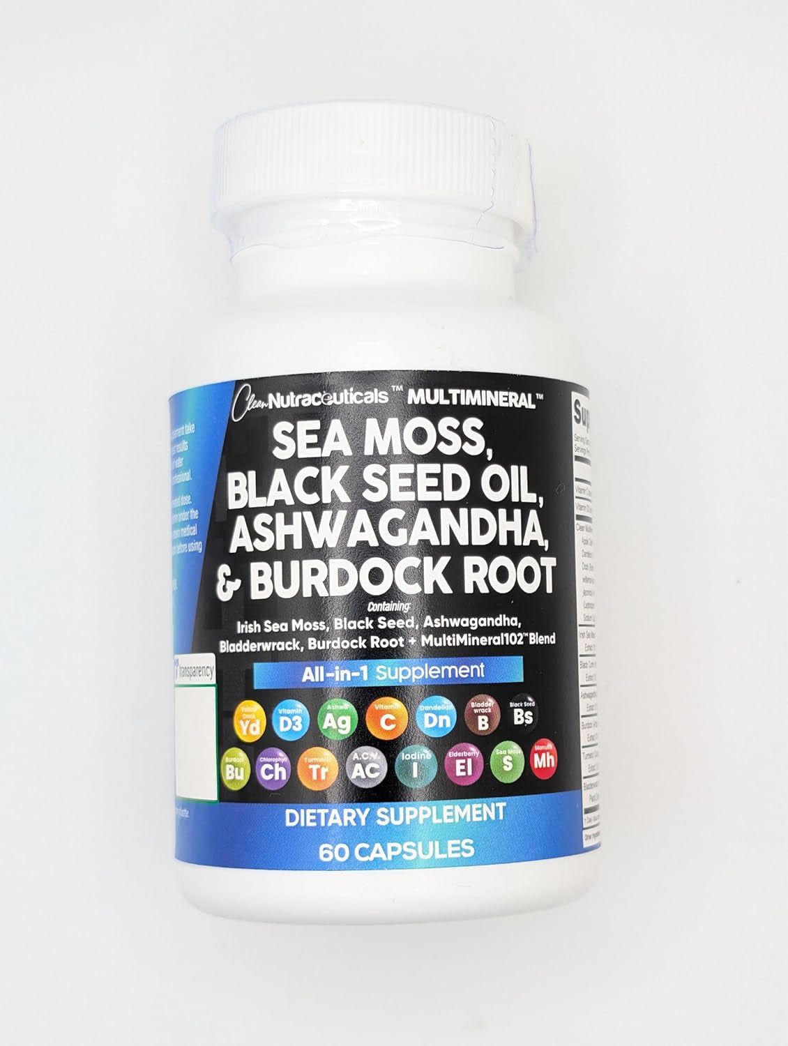 Sea Moss Black Seed Oil Ashwagandha Turmeric Bladderwrack Burdock & Vitamin C Vitamin D3 with Elderberry Manuka Dandelion Yellow Dock Iodine Chlorophyll ACV TLBH