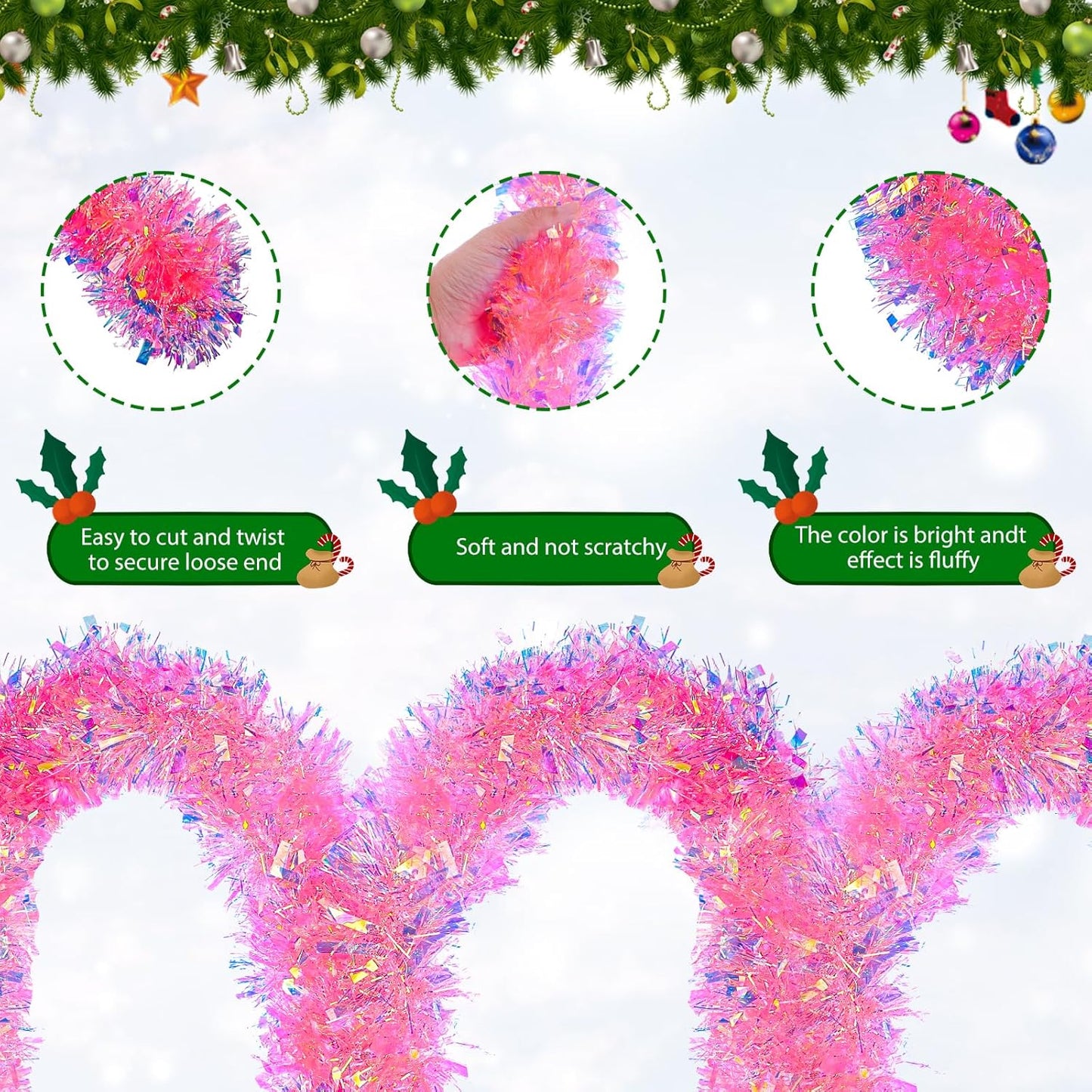 19.7FT Pink Christmas Tinsel Garland Metallic Tinsel Twist Garland Glitter Foil Garland Decoration for Christmas Tree Wedding Party