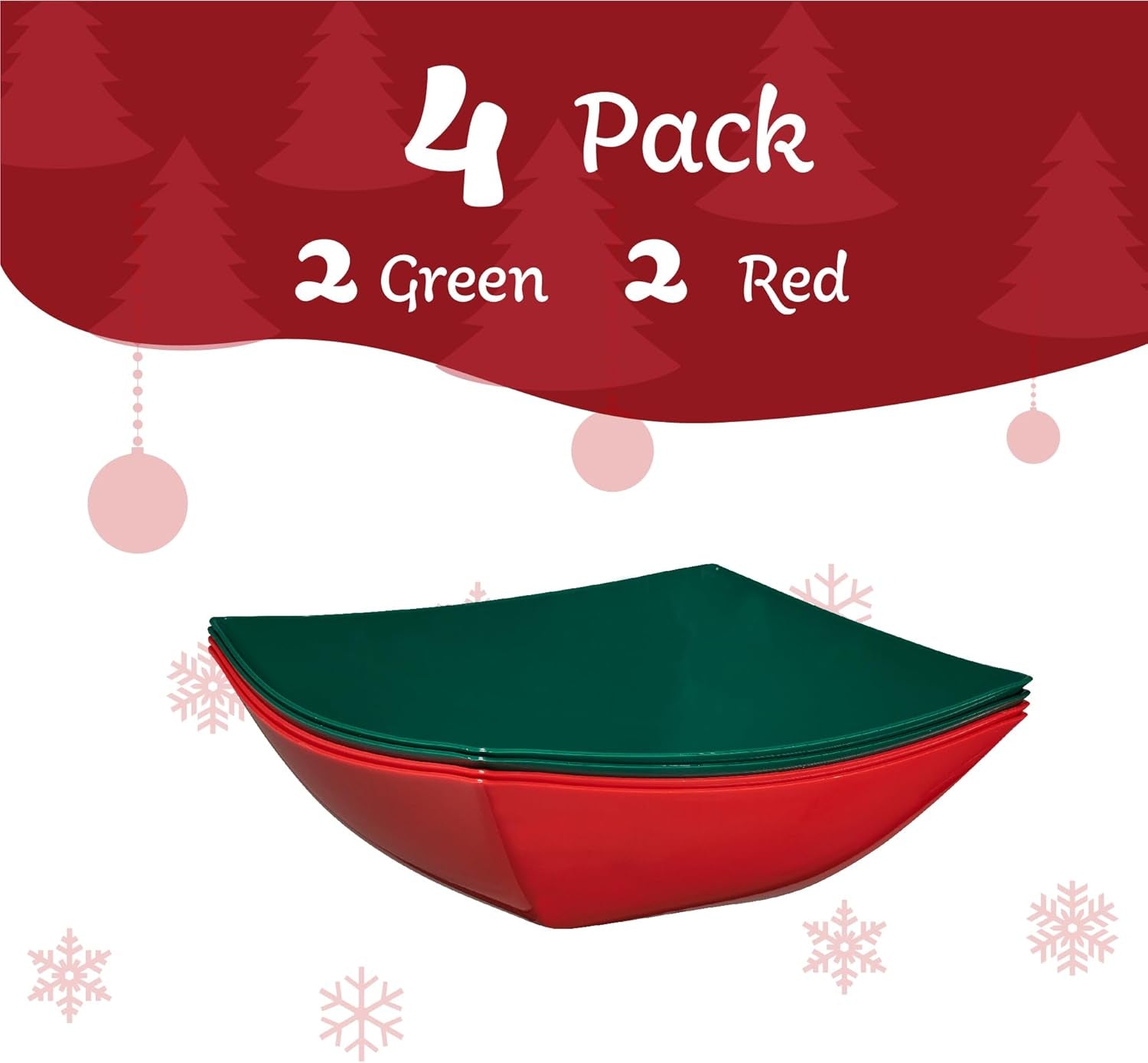 Disposable Square Serving Bowls, Party Snack or Salad Bowl, Plastic 2 Green & 2 Red 32 Ounce Pack of 4 32 OUNCE