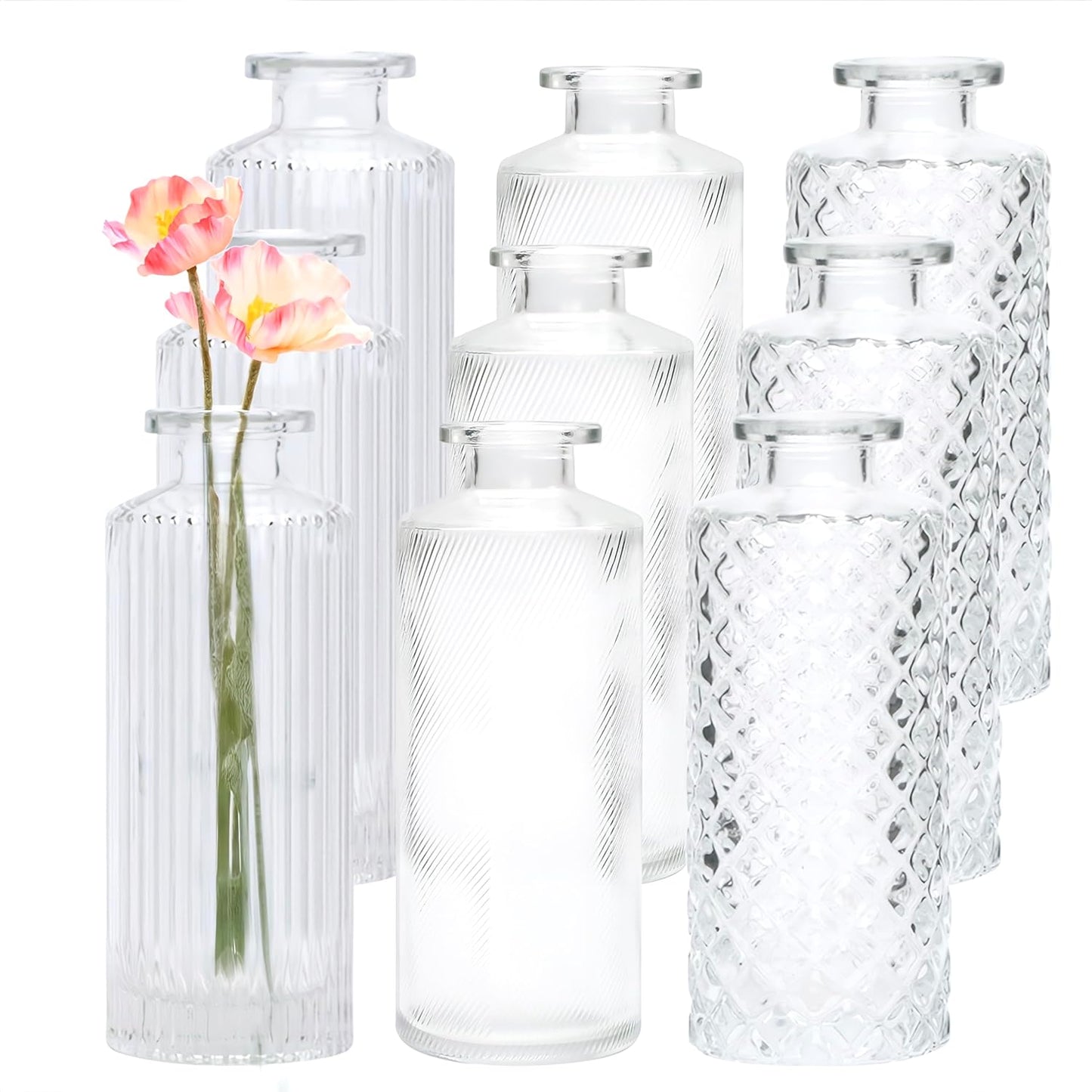 Glass Bud Vase Set in Bulk, 9Pcs Mini Vintage Flower Vases for Wedding, Clear Relief Vase for Centerpieces,Home Table Flower Decor, Party Decorations