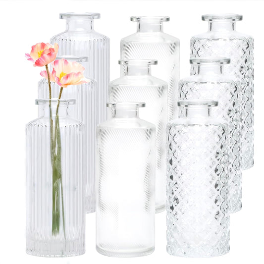 Glass Bud Vase Set in Bulk, 9Pcs Mini Vintage Flower Vases for Wedding, Clear Relief Vase for Centerpieces,Home Table Flower Decor, Party Decorations