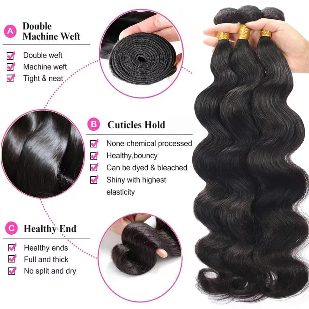Human Hair Bundles Human Hair Body Wave 3 Bundles Human Hair 14 16 18 Inch Weave Bundles Human Hair 100% Unprocessed 12A Brazilian Hair Bundles Human Hair Extension for Black Women