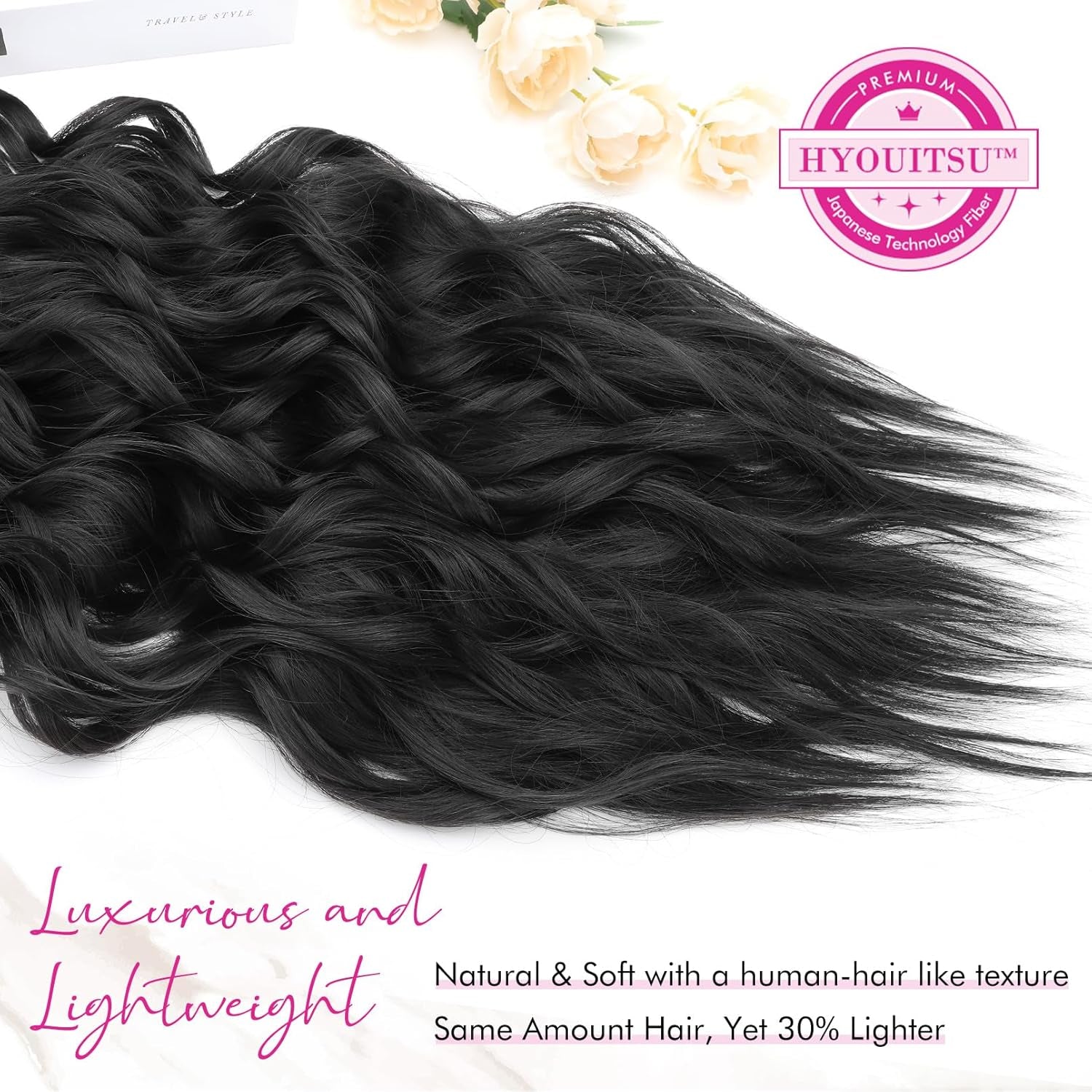 Hair Extensions, 4PCS Clip in Hair Extensions 24" Thick Long Beach Waves Black Hair Extensions HE003 Invisible Lace Weft Natural Soft Synthetic Hairpieces for Women – Black