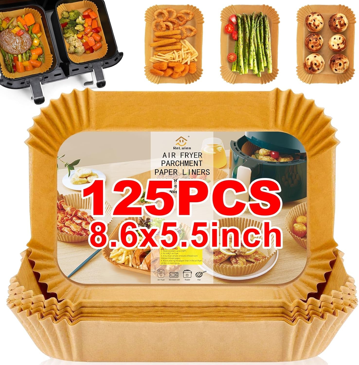 Air Fryer Liners Disposable, 125Pcs Non-Stick Disposable Airfryer Liners, 8 Inch Unbleached Parchment Paper, Square Air Fryer Paper Liners for 5-8QT Air Fryer, Baking, Roasting Microwave