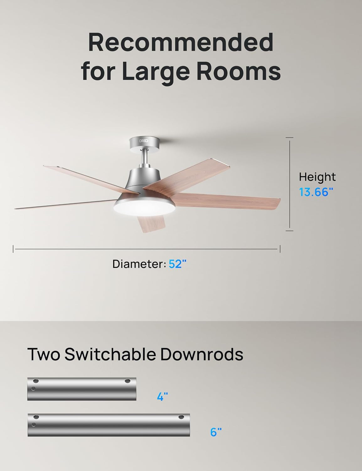 Ceiling Fans with Lights and Remote, 52 Inch, 6 Speeds, 5 Color Tones Dimmable LED, Quiet Reversible DC Motor, 8H Timer, Silver Ceiling Fan for Bedroom, Living Room, Easy to Install