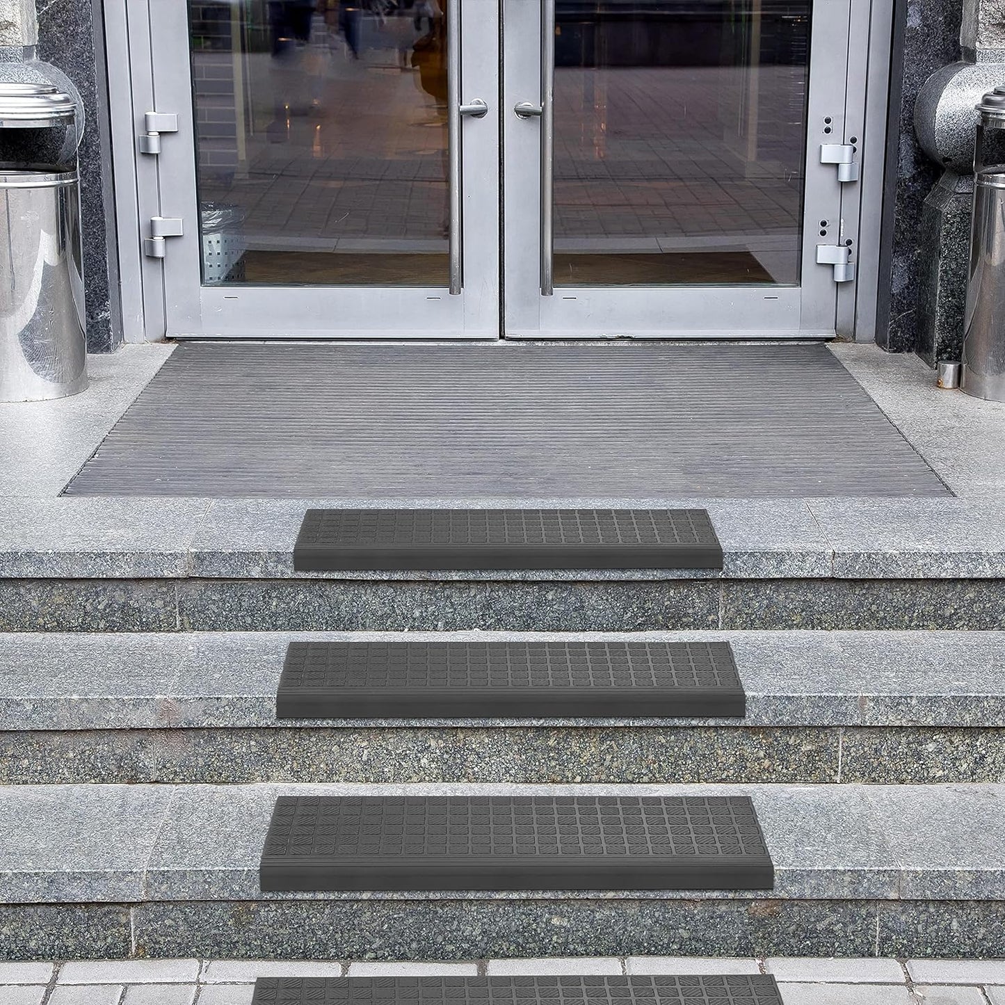 Indoor/Outdoor Hose-Wash Square Edge Design Non-Slip Rubber 10" X 25.5" Modern Stair Treads for Stairs, Garage, Patio, 5 Pack, Black