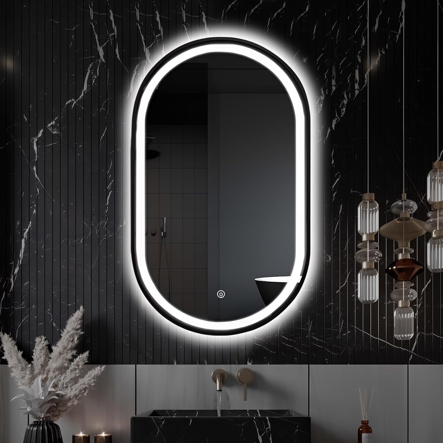 Oval LED Bathroom Mirror, 33"X20" Lighted Wall Mounted Vanity Mirror with Metal Frame, Anti-Fog IP66 Waterproof Smart Mirror, Memory Function, (Horizontal or Vertical), Gold