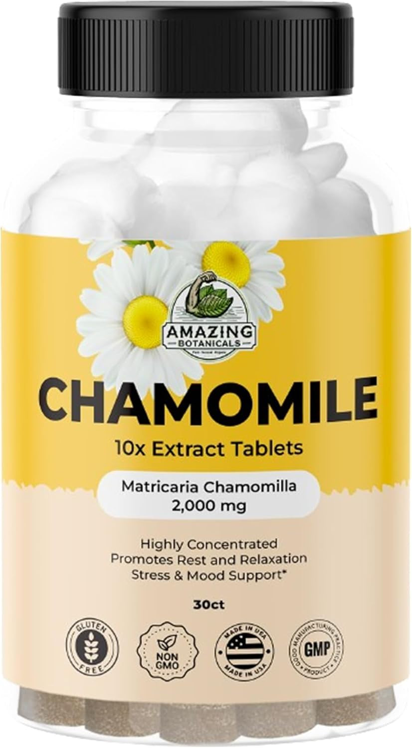 Organic Chamomile Extract Tablets - Matricaria Chamomilla Plant-Based Supplement - 10X Extract 2000 MG Each - Promotes Relaxation - 30 Tablets TLBH