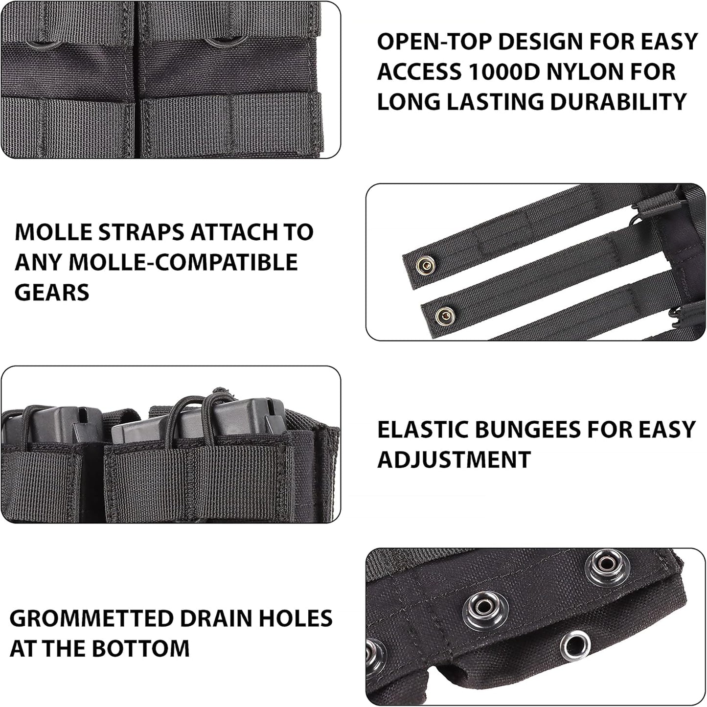 Molle Mag Pouch - Double/Triple Holder for AR 15 M4 M16 AK 5.56 308 Type Airsoft Ammo Rifle - Open-Top Tactical MOLLE Magazine Pouches - 3 Mag Pouch Carrier