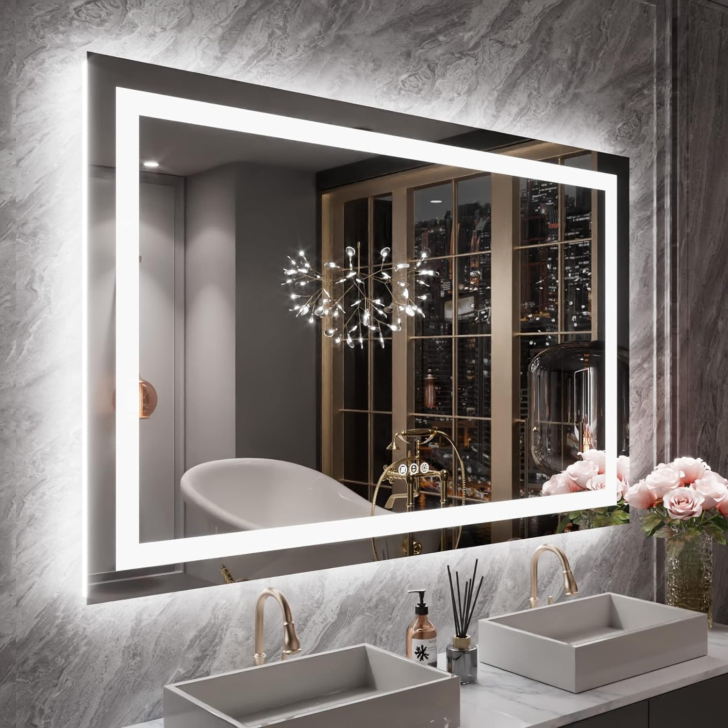 60”X30“ RGB LED Bathroom Mirror with Lights for Bathroom, Anti-Fog, Dimmable，Multiple Light Modes, RGB Backlit + Front Light, Memory Function, Tempered Glass
