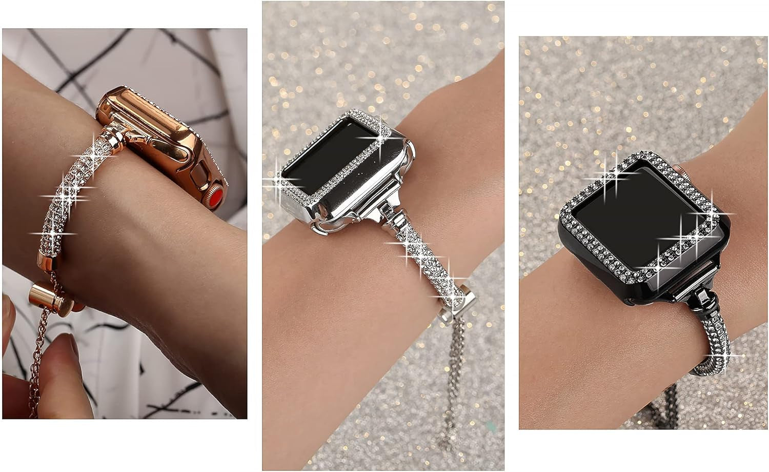 Bling Band and Case Compatible with Apple Watch Band 38Mm 40Mm 41Mm 42Mm 44Mm 45Mm, Women Dressy Metal Bracelet with Rhinestone Bumper for Iwatch Series 9/8/7/SE/6/5/4/3/2/1