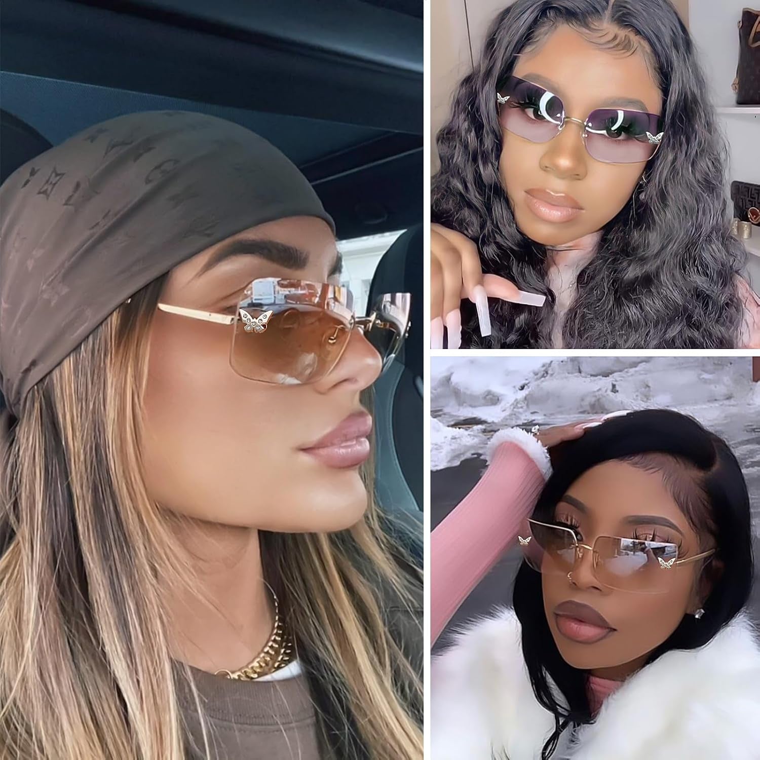 Rimless Rectangle Y2K Sunglasses for Women Men Cute Small Clear Frameless Tinted Lens 2000S Fashion Shades Butterfly