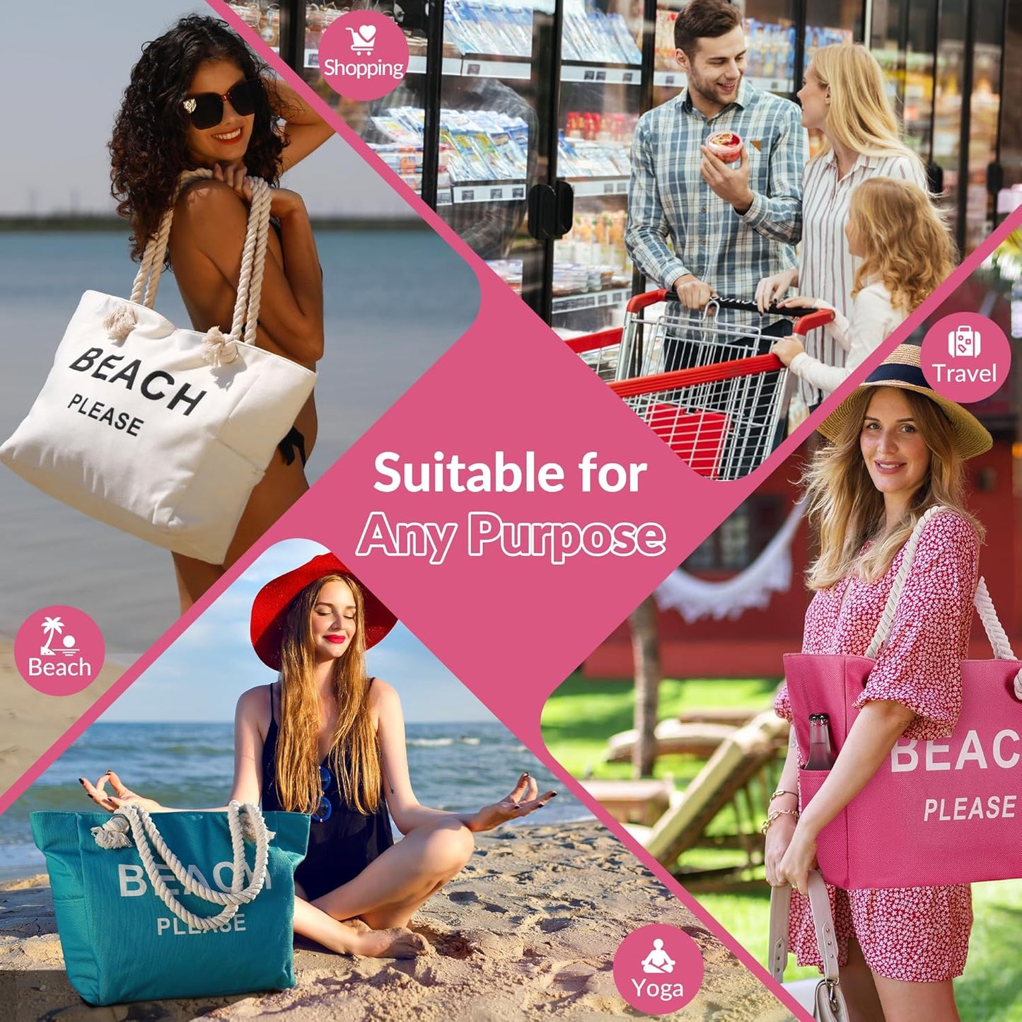 Large Canvas Beach Tote Bag with Zipper Women Swim, Travel, Shopping, Gym and Beach Holiday Cruise Essentials