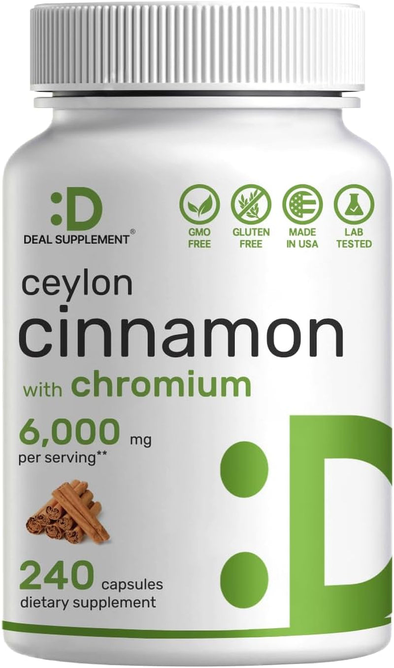 Ceylon Cinnamon 6,000Mg with Chromium 1,000Mcg per Serving, 240 Capsules –Active Inner Bark Extract – True Sri Lanka Source – Natural Cinnamon Supplements– Non-Gmo TLBH