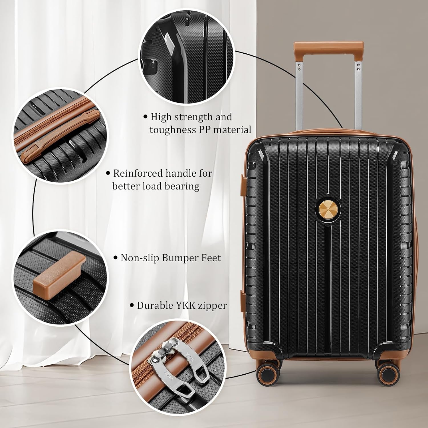 Luggage Sets 5 Piece Suitcase Set, PP Hardshell Carry on Suitcase Set, Travel Suitcases with Double Spinner Wheels and TSA Lock, Black Brown