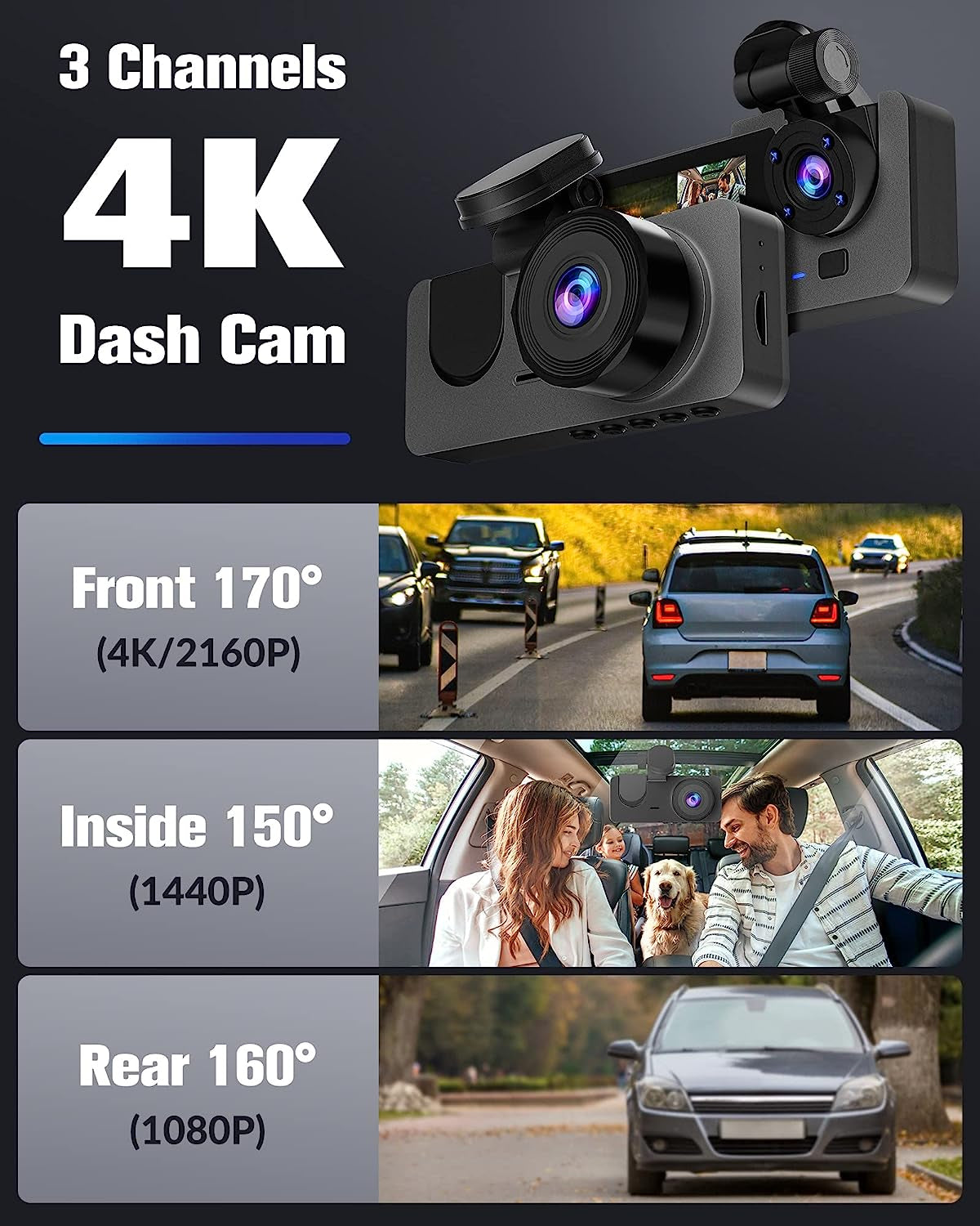 Dash Camera for Cars,4K Full UHD Car Camera Front Rear with 32GB Card,Built-In Super Night Vision,2.0'' IPS Screen,170°Wide Angle,Wdr, 24H Parking Mode, Loop Recording