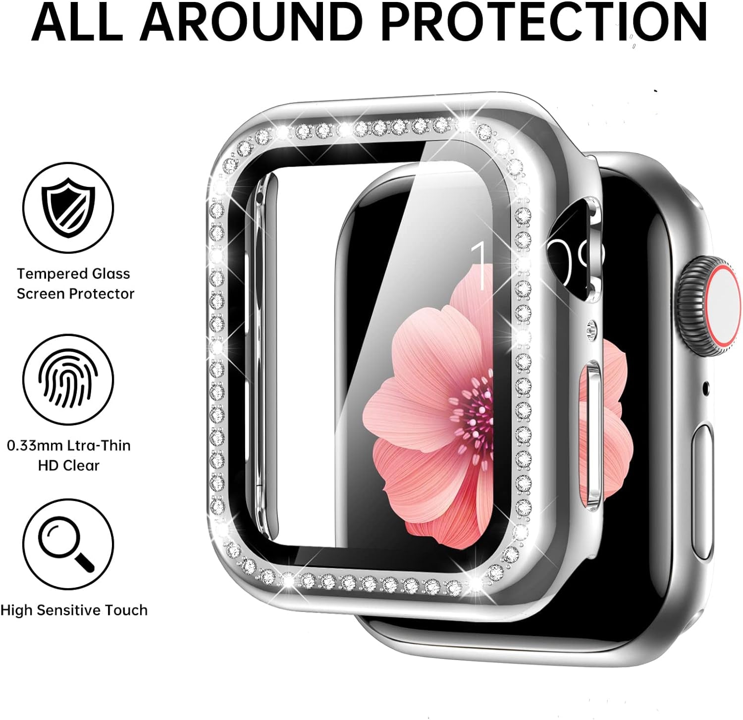 Compatible with Apple Watch Band 38Mm 40Mm 41Mm 42Mm 44Mm 45Mm , Women Girl Bling Diamond Jewelry Metal Strap Bands with Crystal Tempered Glass Screen Protector Case, round Shiny Bracelet Wristband for Iwatch Series 9/8/7/6/5/4/3/2/1/SE
