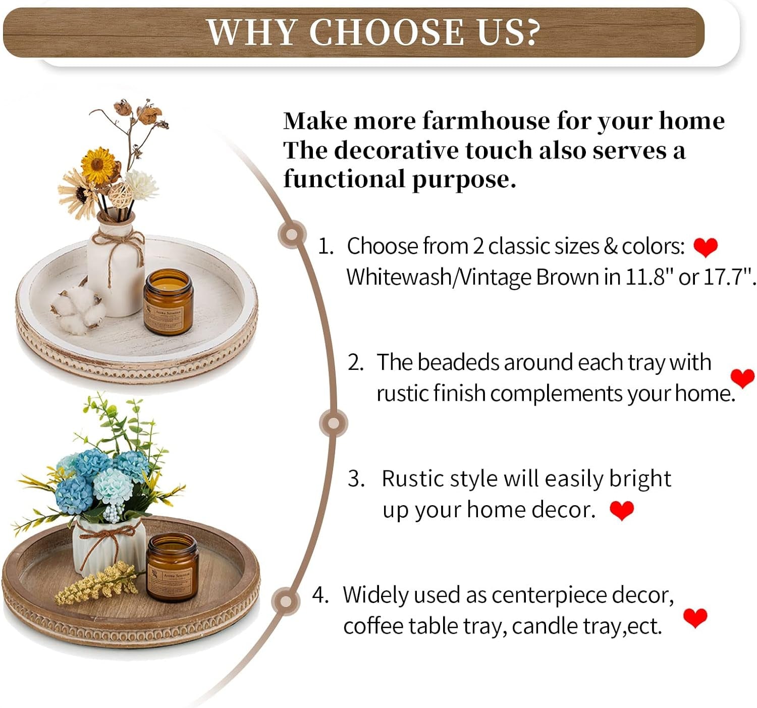 Decorative Serving Tray Wood: White Washed Bead round Tray Decor for Coffee Table Rustic Wooden Trays Farmhouse Centerpiece for Living Room Kitchen Counter