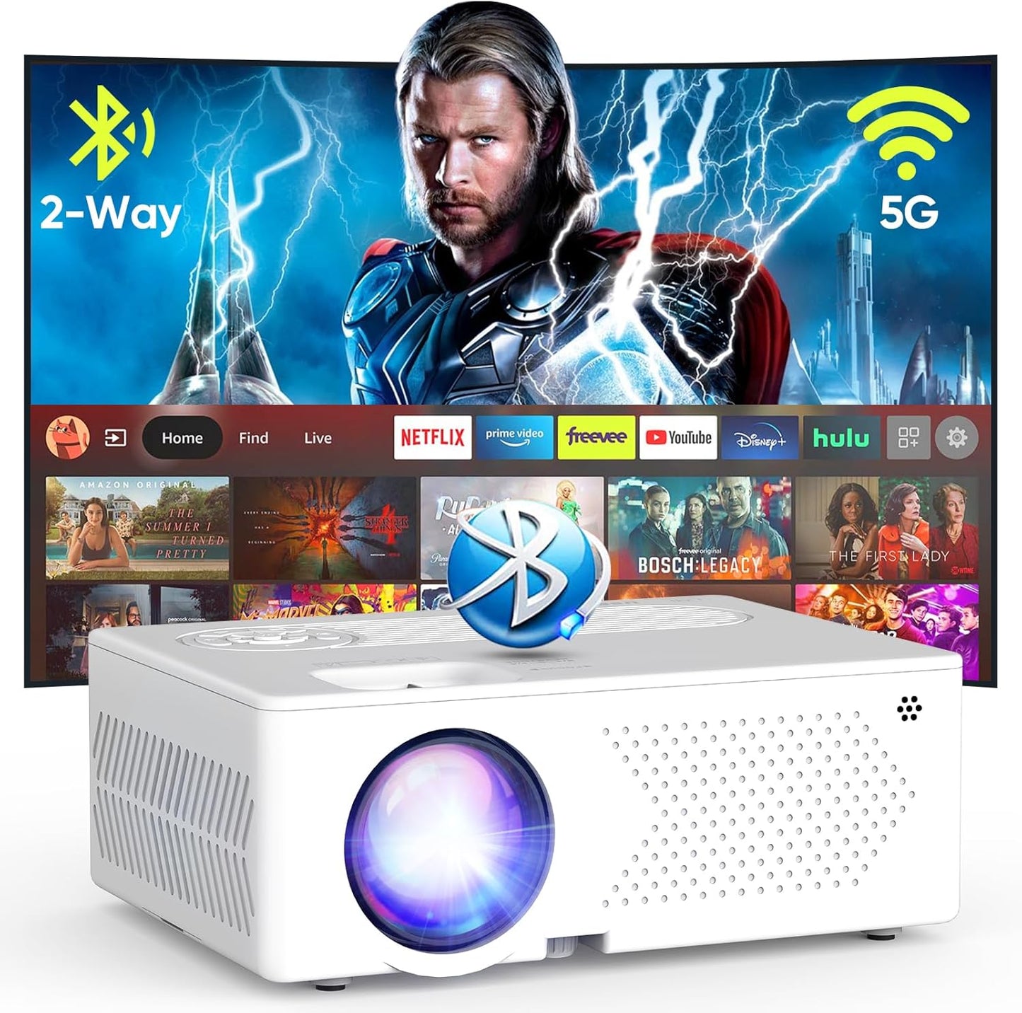 Mini Bluetooth Projector, Full HD 1080P Supported Portable Outdoor Movie Projector for Ios, Android, Windows, Compatible with TV Stick/Hdmi/Smartphone/Ps4/Usb [Remote Included]
