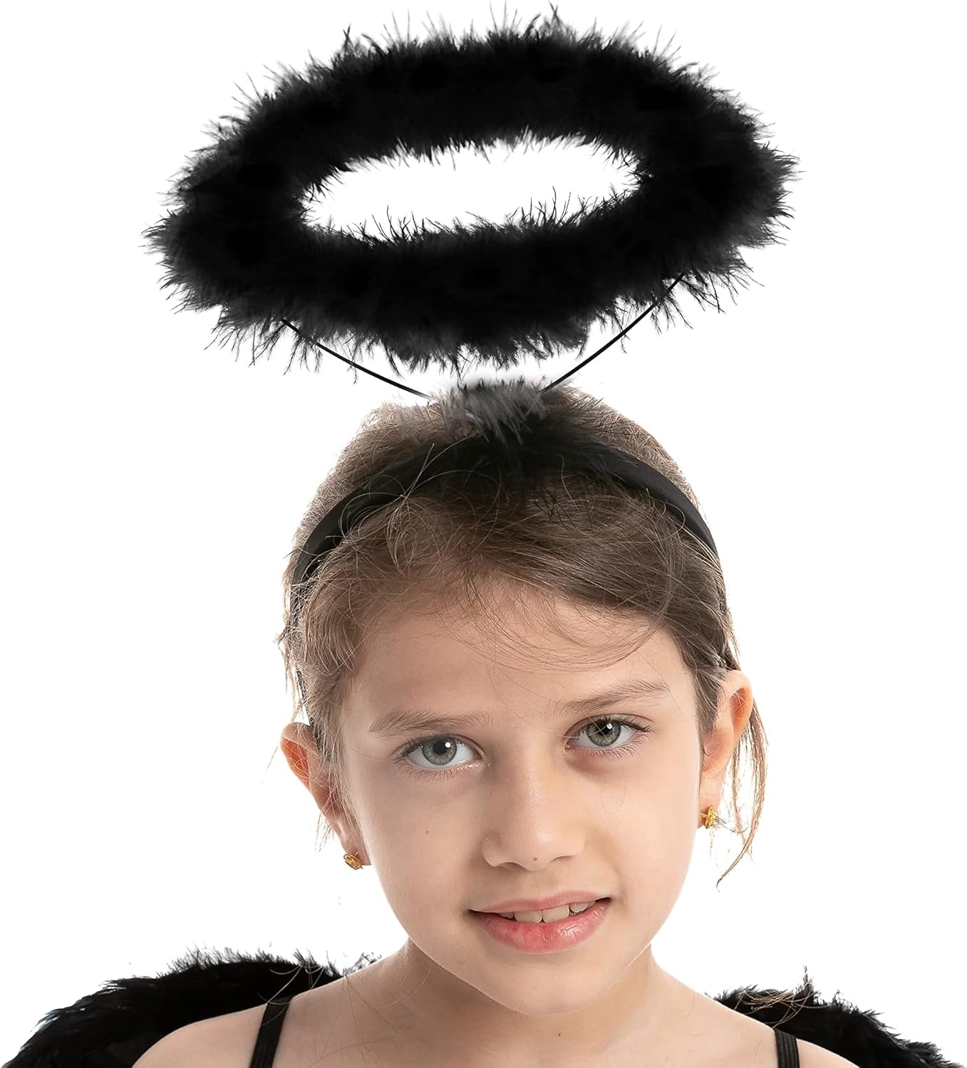 Black White Angel Wings Halo Headband with Wand for Kids Feather Fairy Wings Halloween Party Costume