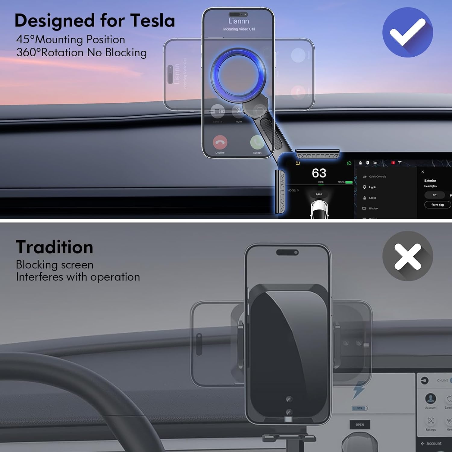 Tesla Phone Mount, for Magsafe Car Mount, 【Strongest Magnet Power】 Magnetic Car Phone Holder for Tesla 3/Y/S/X Accessories Screen, Fits All Phone, Tesla Model Y Accessories Tesla Model 3 Accessories