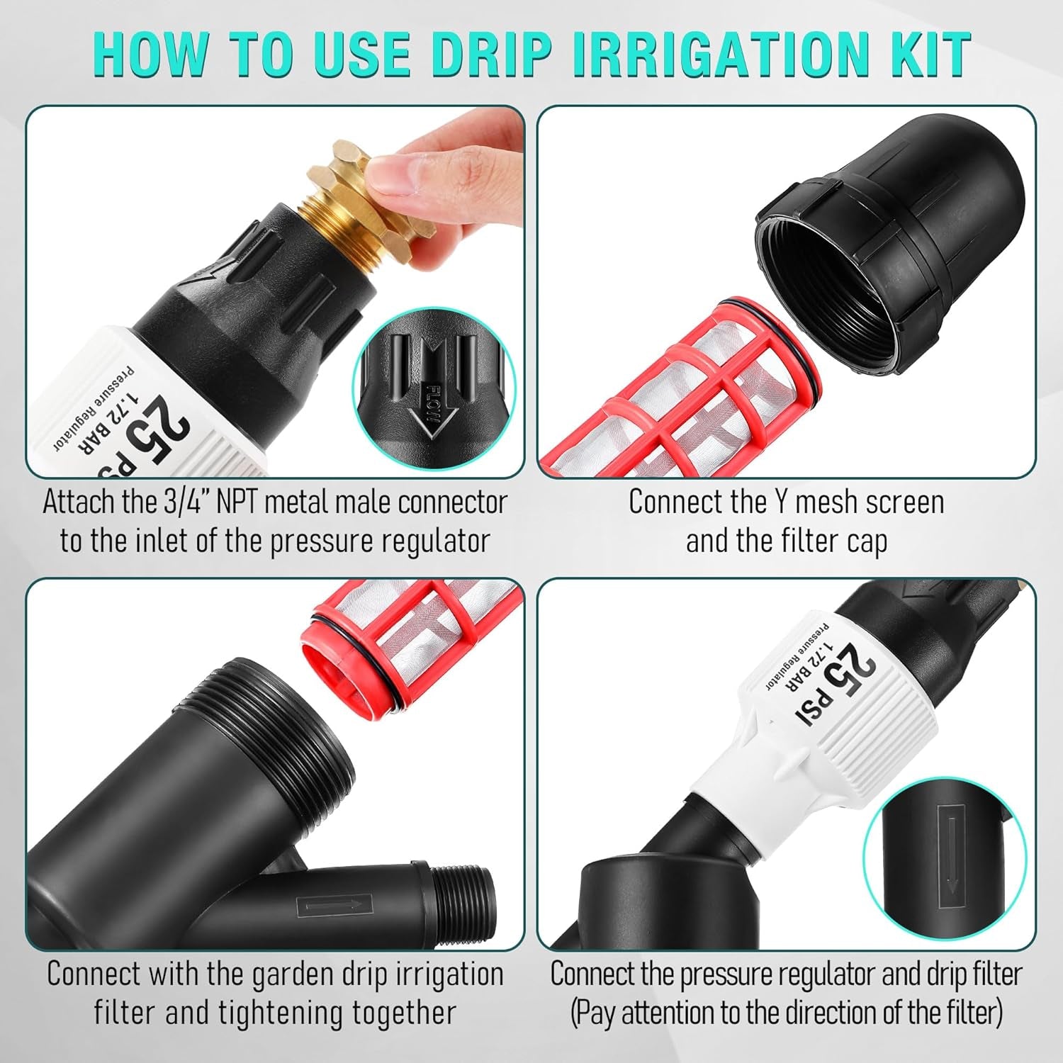 Drip Irrigation Pressure Regulator and Filter, 25 PSI Water Backflow Preventer for 3/4'' Garden/Faucet Hose Thread and Drip Irrigation Inline Y Filter, 3/4" X 3/4" FHT Hose Thread Connections ZOUSA
