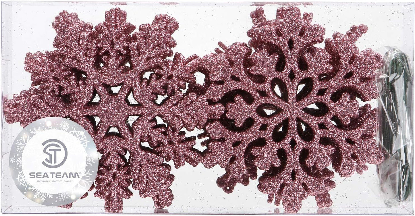 Plastic Christmas Glitter Snowflake Ornaments Christmas Tree Decorations, 4-Inch, Set of 36, Pink