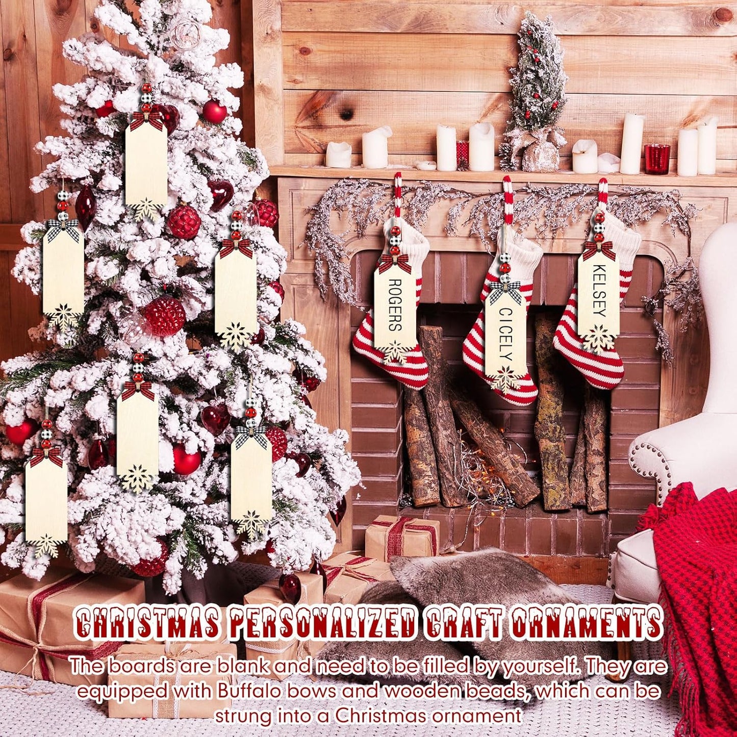 12 Set Christmas Stocking Name Tags Xmas DIY Wooden Name Signs Includes Tags Wood Beads and Bow Christmas Ornaments for Christmas Stockings Home Farmhouse Decor (Snowflake)