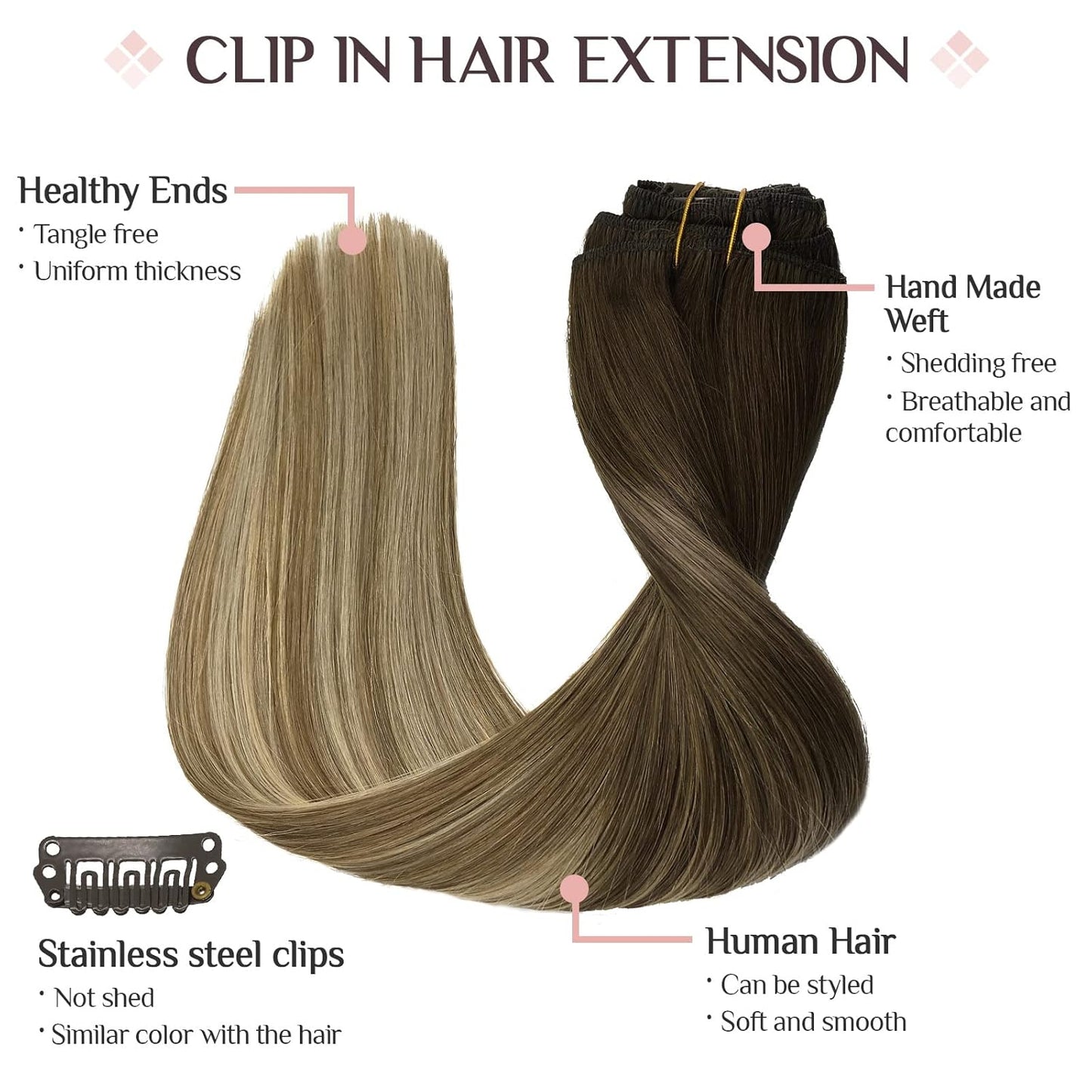 Clip in Hair Extensions Real Human Hair, 80G 7Pcs 12 Inch, Walnut Brown to Ash Brown and Bleach Blonde Hair Extensions, Clip in Human Hair Extensions Remy Natural Straight Hair for Woman