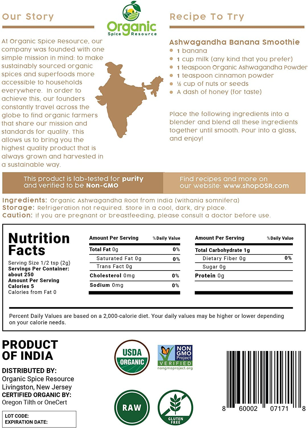 Organic Ashwagandha Root Powder - 1.10 Lbs (17.64 Oz) | Resealable Kraft Bag,Non-Gmo, Indian Ginseng, Withania Somnifera -100% Raw from India, by SHOPOSR TLBH