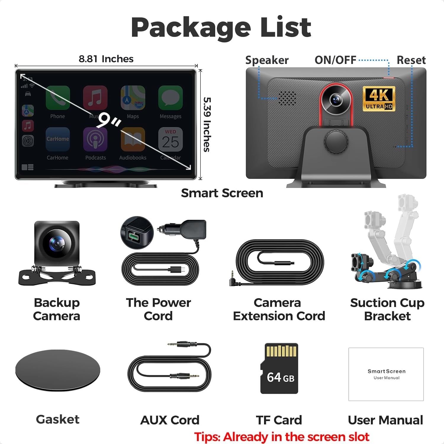 9" Wireless Apple Carplay Android Auto Screen - 4K Dash Cam, GPS Navigation, HD Touchscreen, Airplay, 1080P Backup Camera, Car Stereo - by TRUCK DRIVER