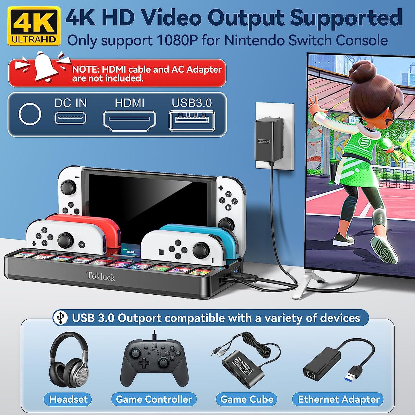 Switch Docking Station for TV with Controller Charger, Replacement for Switch TV Dock with HDMI Adapter, Switch Base Station Portable Charging Dock for Nintendo Switch Accessories Kit, 10 Game Slots