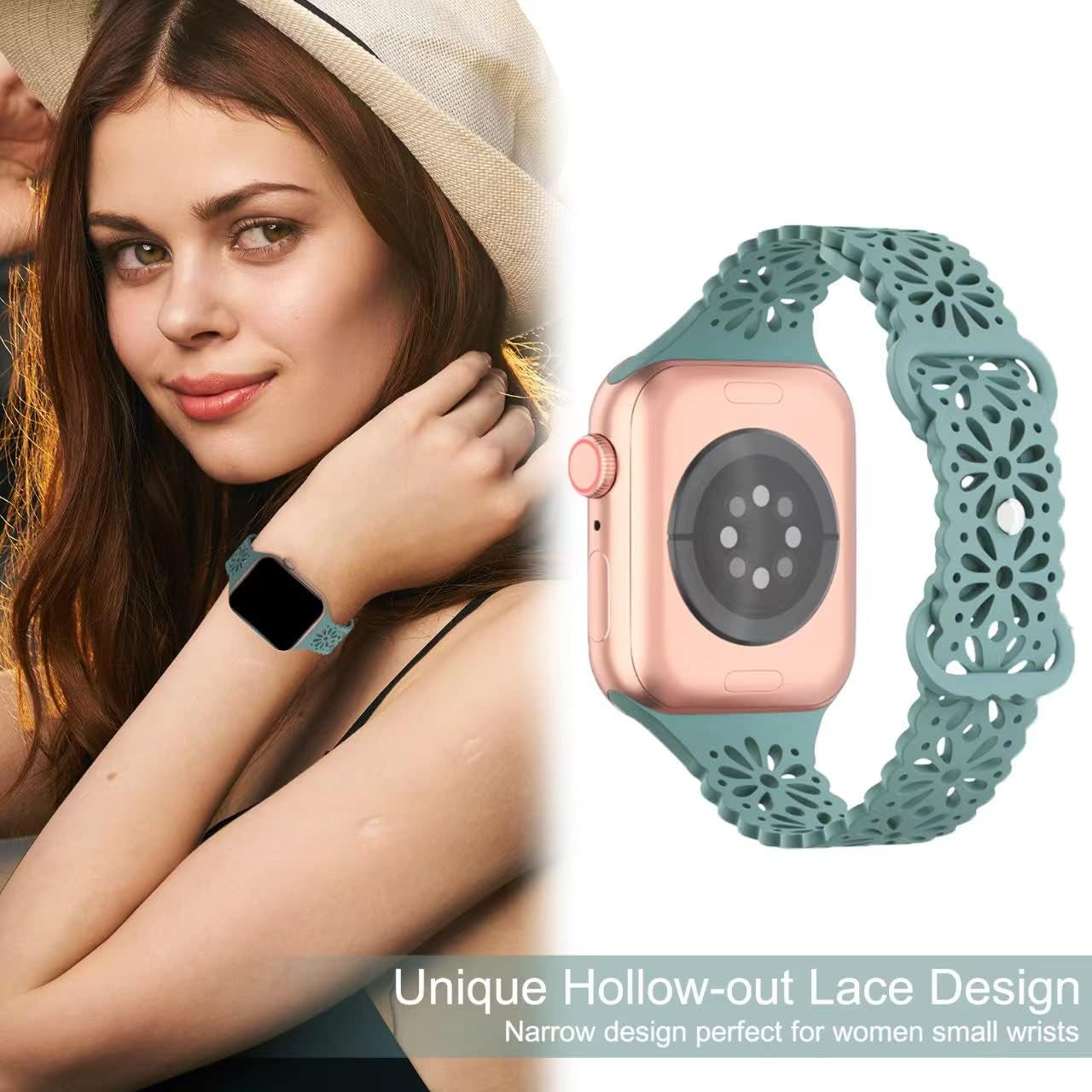 5 Pack Slim Lace Silicone Bands Compatible for Apple Watch Band 38Mm 40Mm 41Mm 42Mm 44Mm 45Mm 49Mm, Thin Hollow-Out Breathable Strap for Iwatch Ultra/2 Series 9/8/7/SE/6/5/4/3/2/1 Women Men