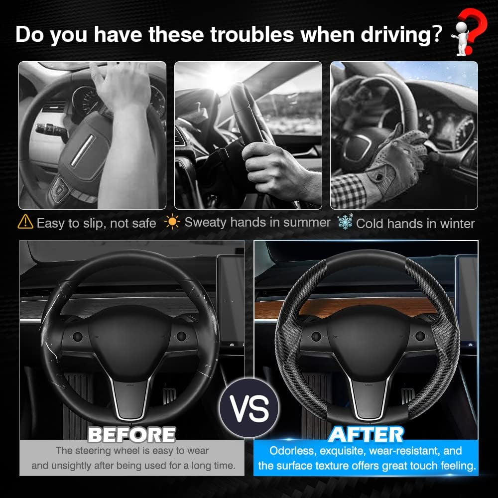 Carbon Fiber Steering Wheel Cover Custom Fit for Tesla Model 3 2017-2024 2025 and 2020-2024 2025 Model Y Accessories anti Skid Leather Car Segmented Steering Wheel Protector (Black)